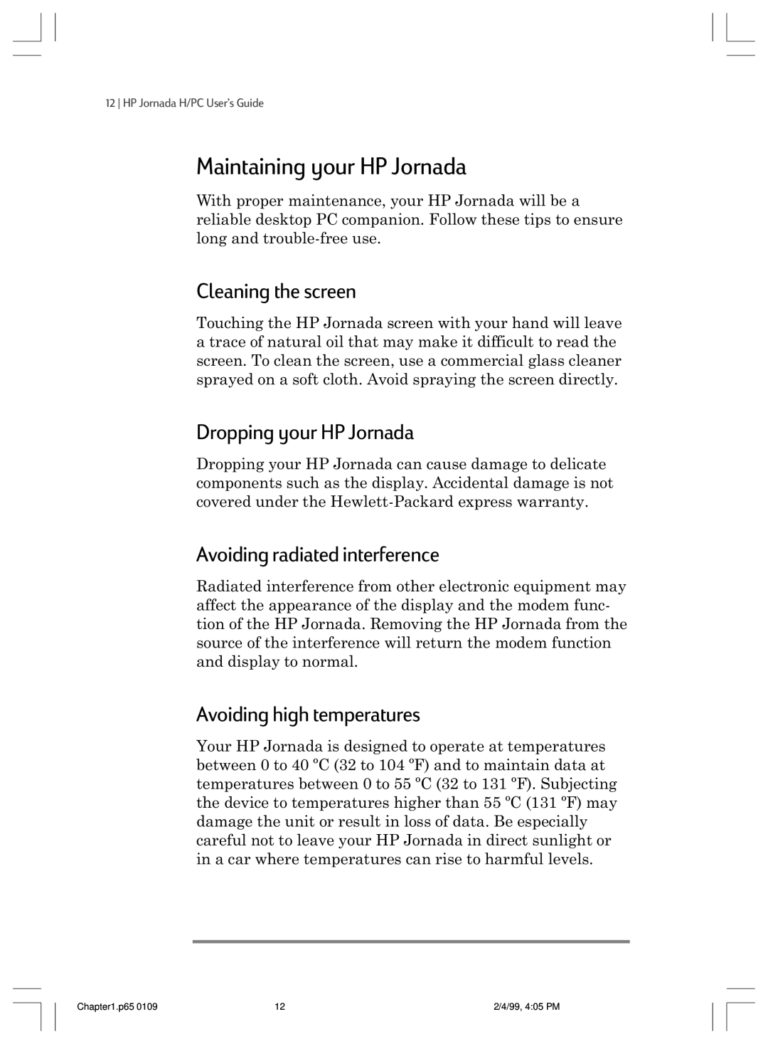 HP 820 E manual Maintaining your HP Jornada, Cleaning the screen, Dropping your HP Jornada, Avoiding radiated interference 