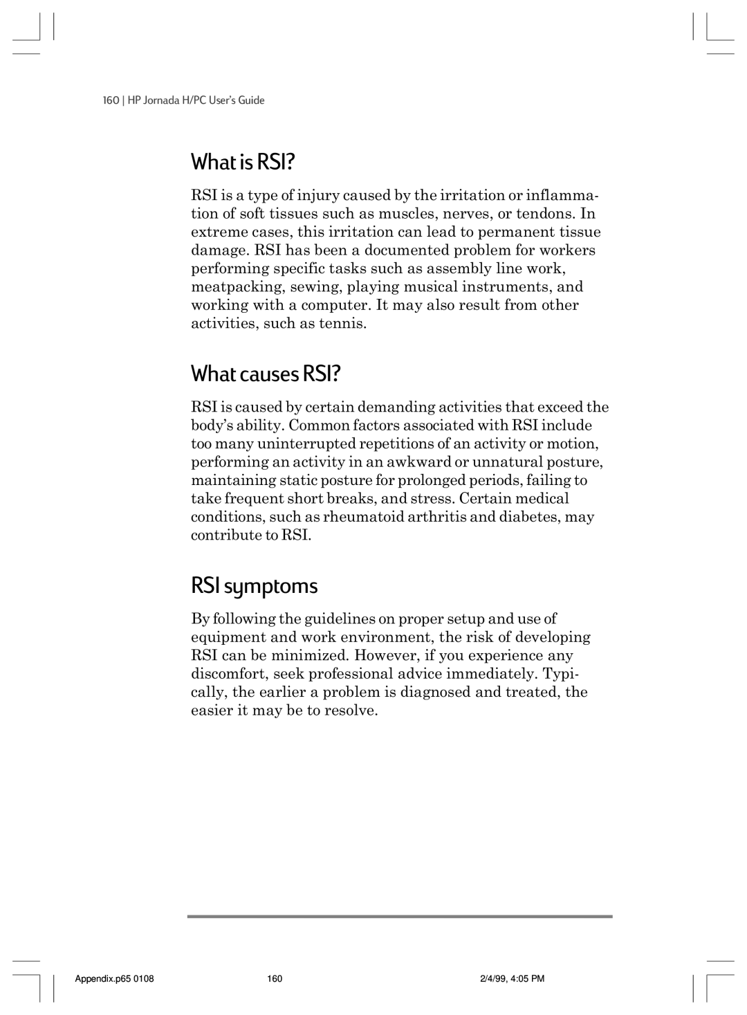 HP 820 E manual What is RSI?, What causes RSI?, RSI symptoms, HP Jornada H/PC UserÕs Guide 