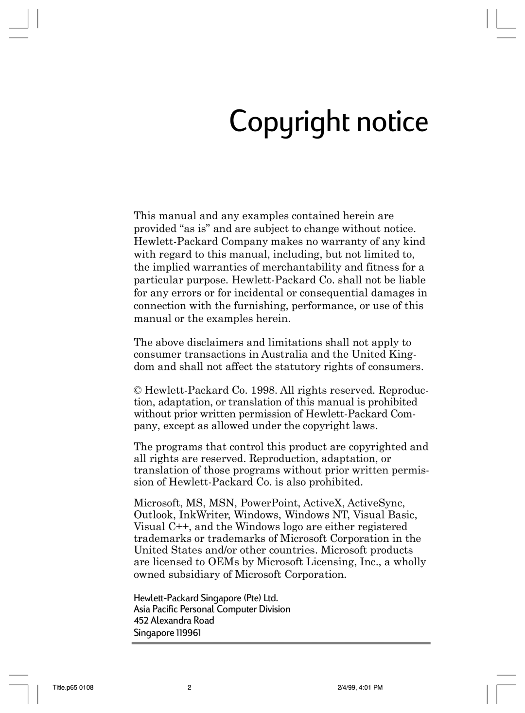 HP 820 E manual Copyright notice, Asia Pacific Personal Computer Division 452 Alexandra Road Singapore 
