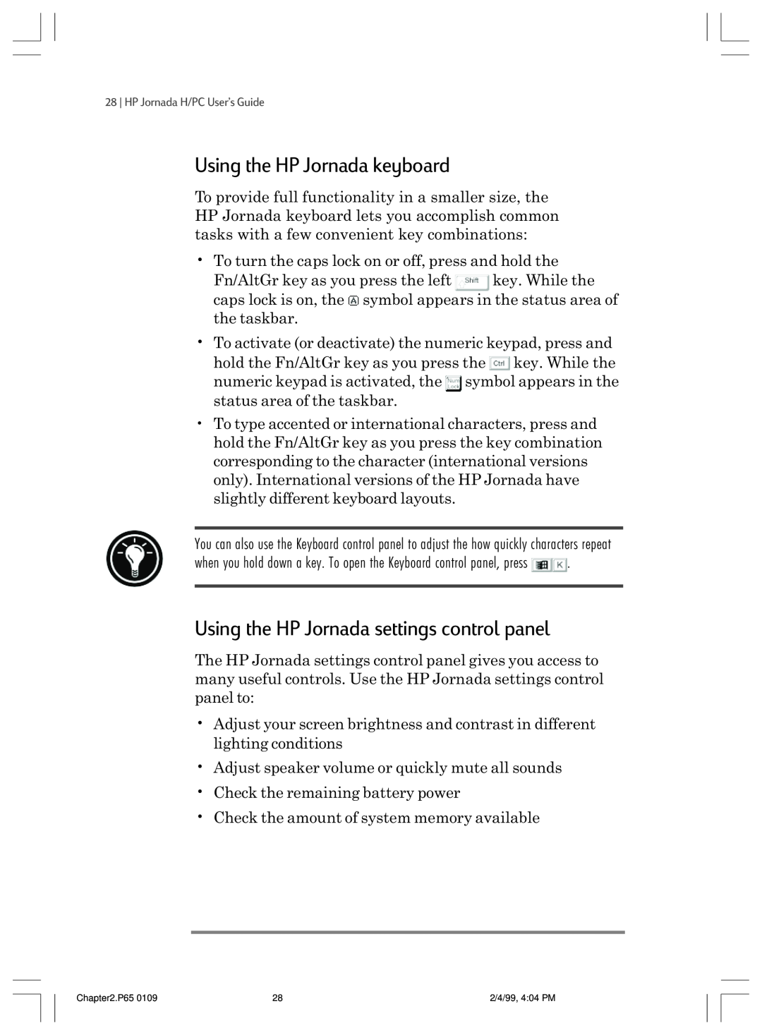 HP 820 E manual Using the HP Jornada keyboard, Using the HP Jornada settings control panel 
