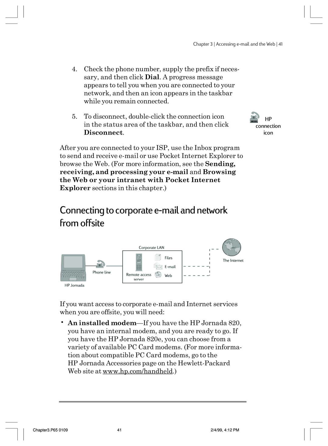 HP 820 Connecting to corporate e-mail and network from offsite, Disconnect, the Web or your intranet with Pocket Internet 