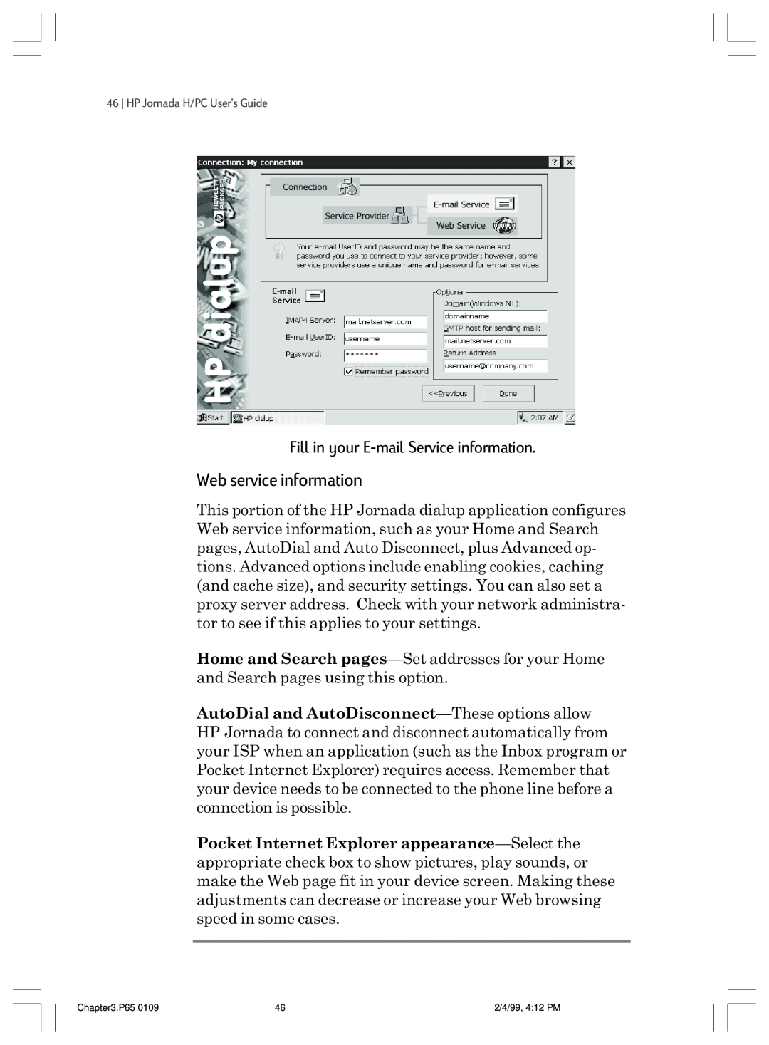 HP 820 E manual Web service information, Fill in your E-mail Service information, HP Jornada H/PC UserÕs Guide 