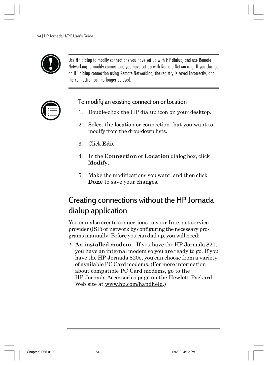 HP 820 E Creating connections without the HP Jornada dialup application, To modify an existing connection or location 