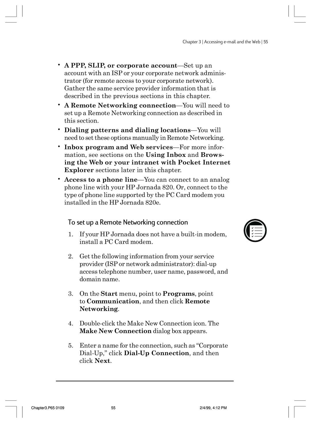 HP 820 E manual To set up a Remote Networking connection 