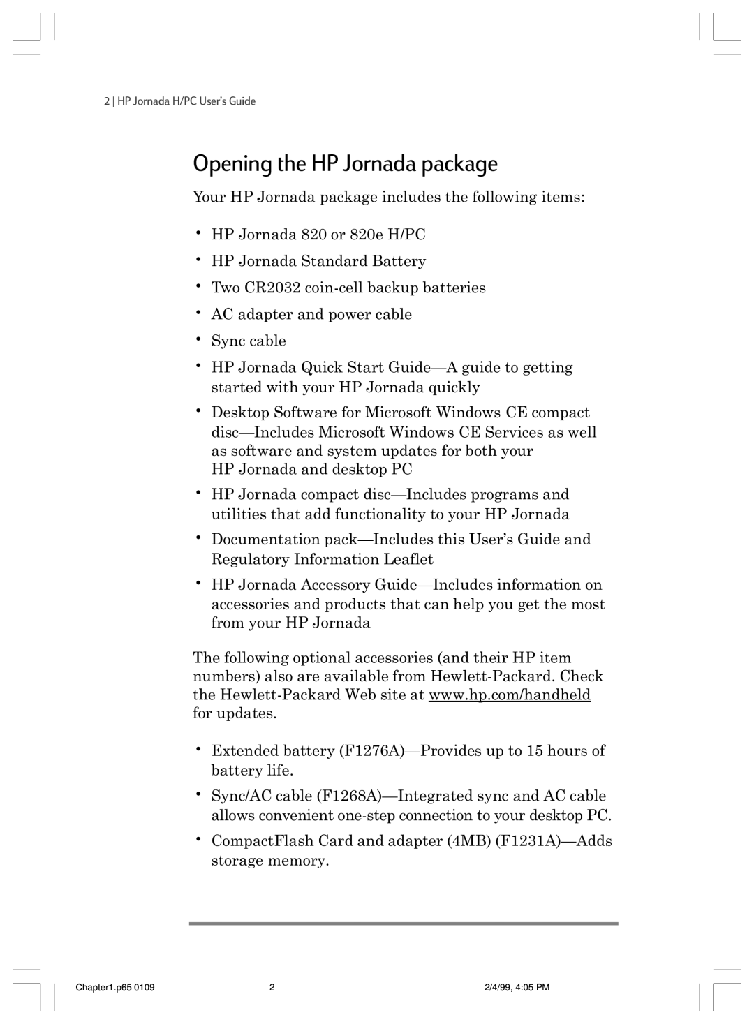 HP 820 E manual Opening the HP Jornada package 