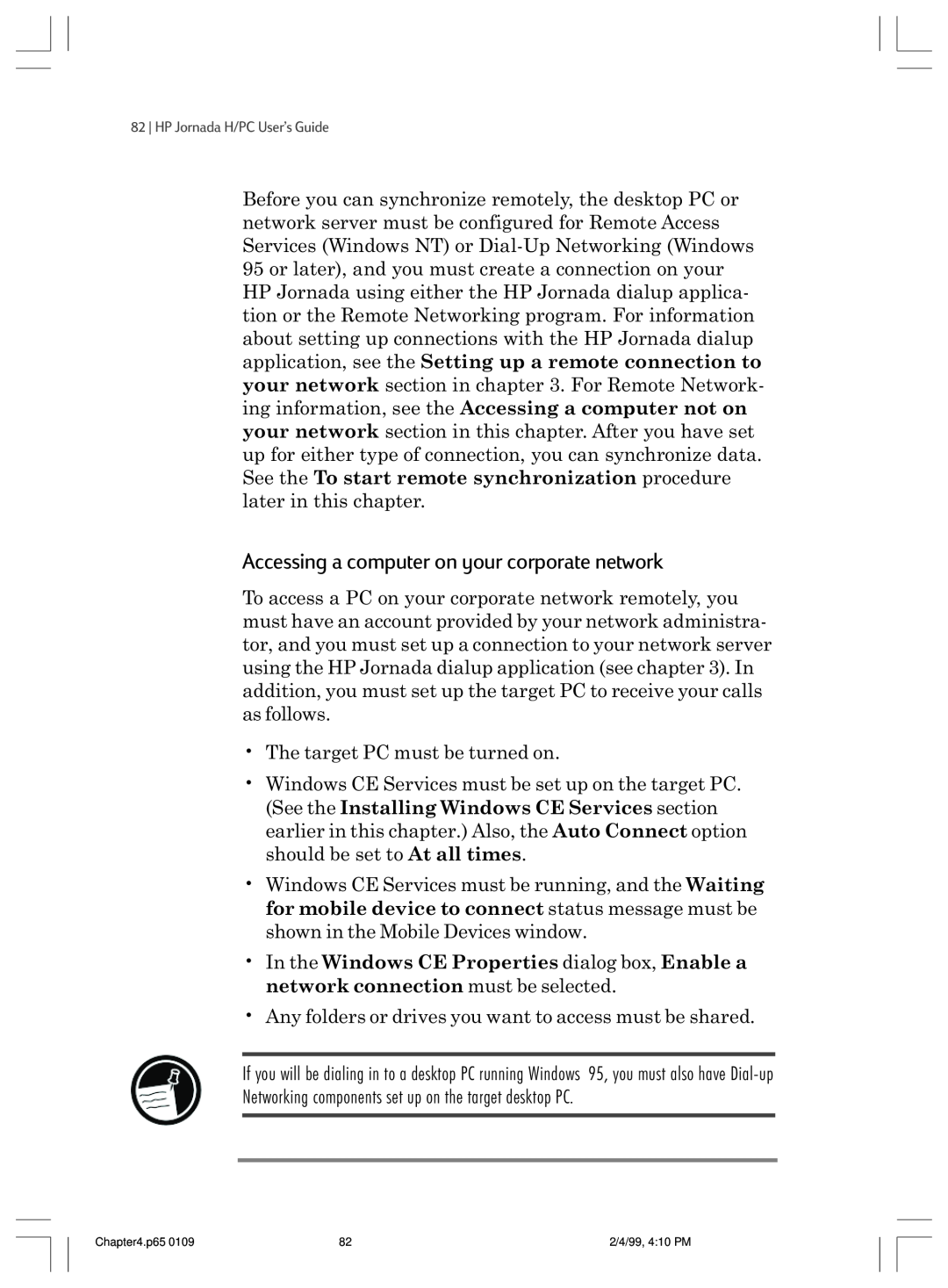 HP 820 E manual Accessing a computer on your corporate network 