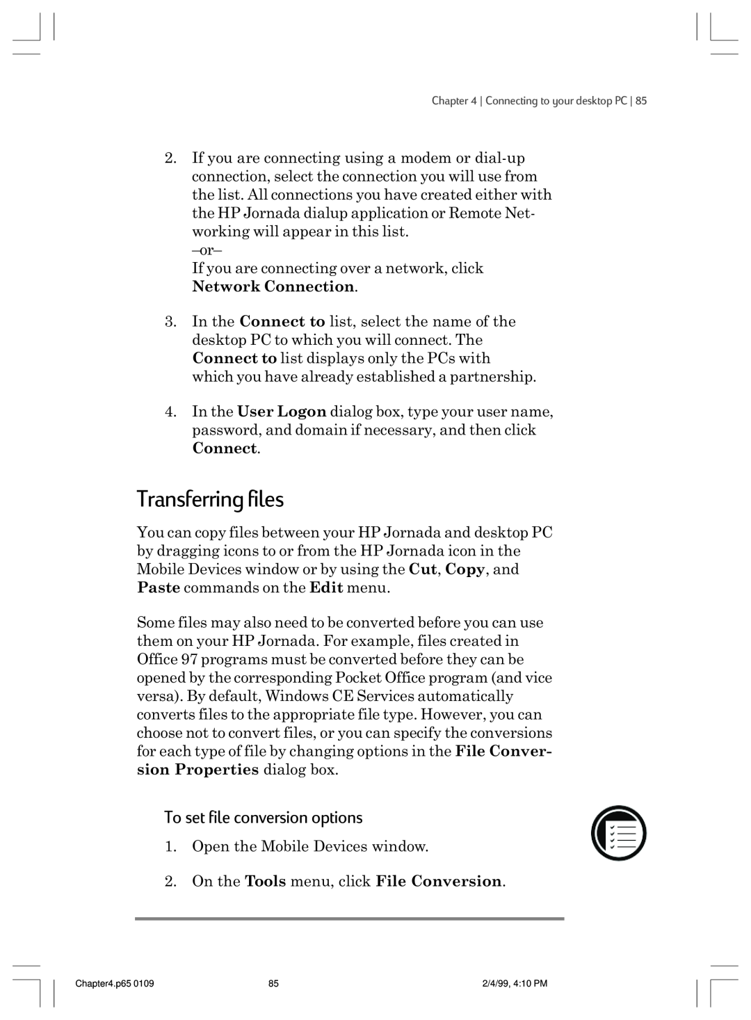 HP 820 E manual Transferring files, To set file conversion options 