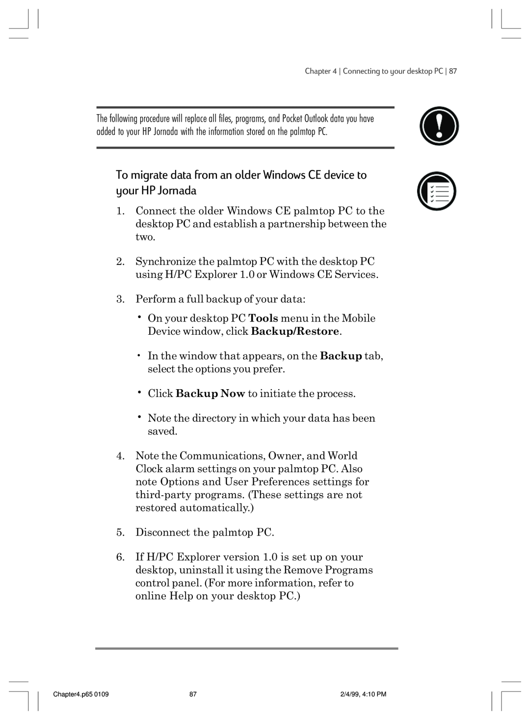 HP 820 E manual To migrate data from an older Windows CE device to your HP Jornada 