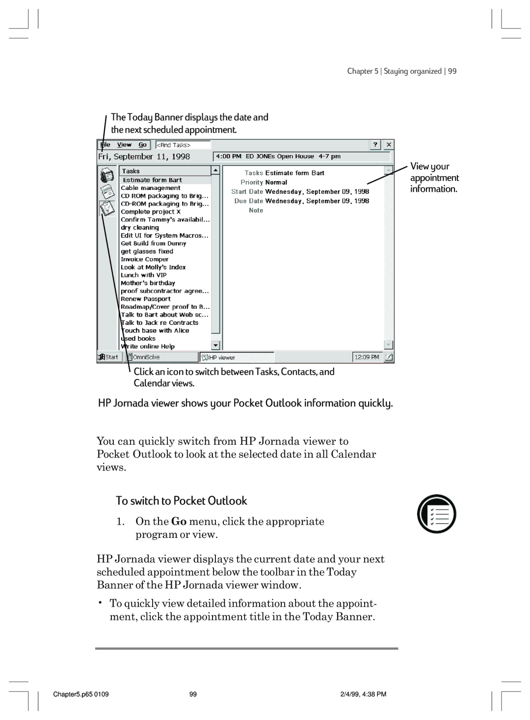 HP 820 manual To switch to Pocket Outlook 