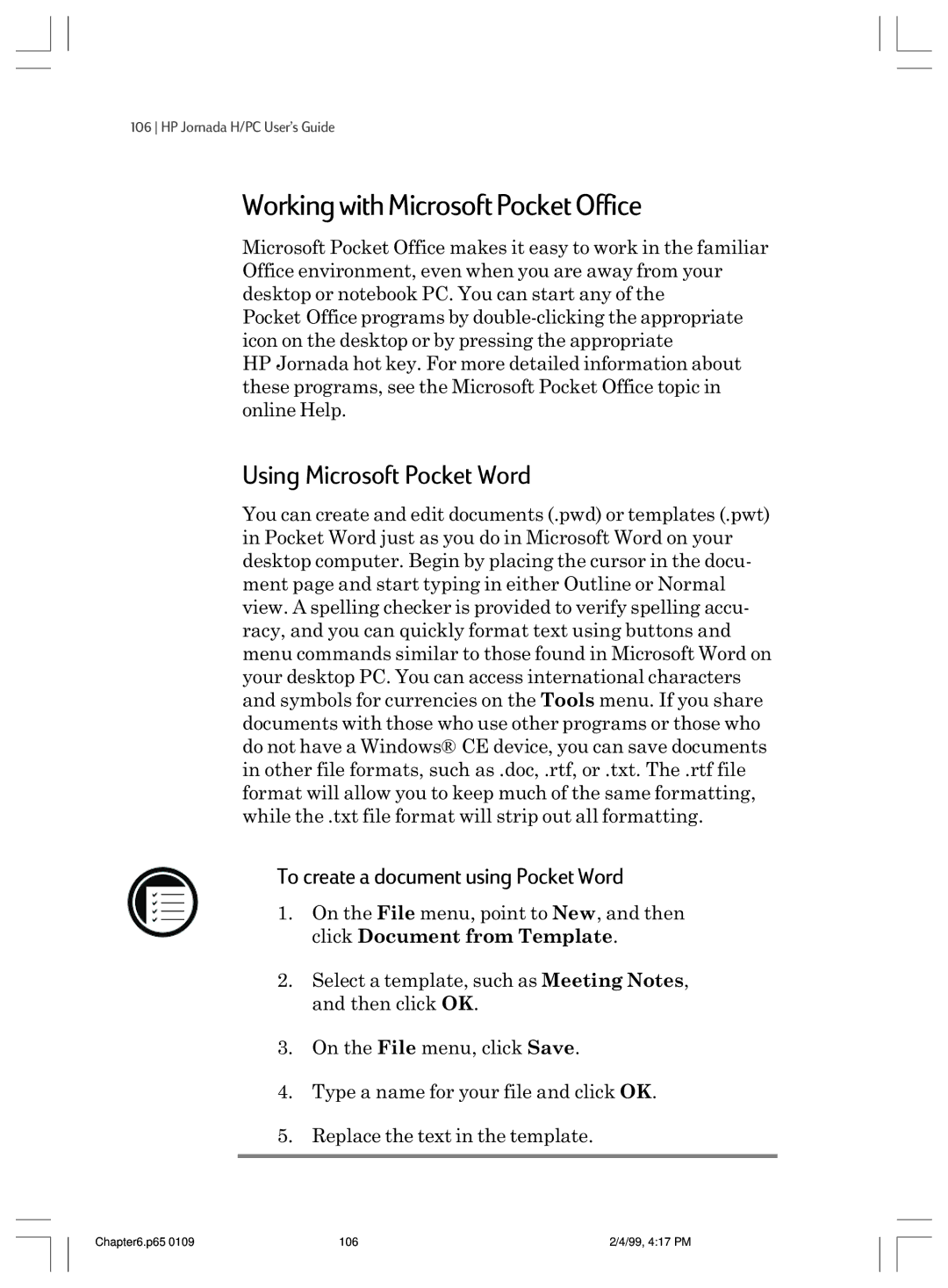 HP 820 manual Working with Microsoft Pocket Office, Using Microsoft Pocket Word, To create a document using Pocket Word 