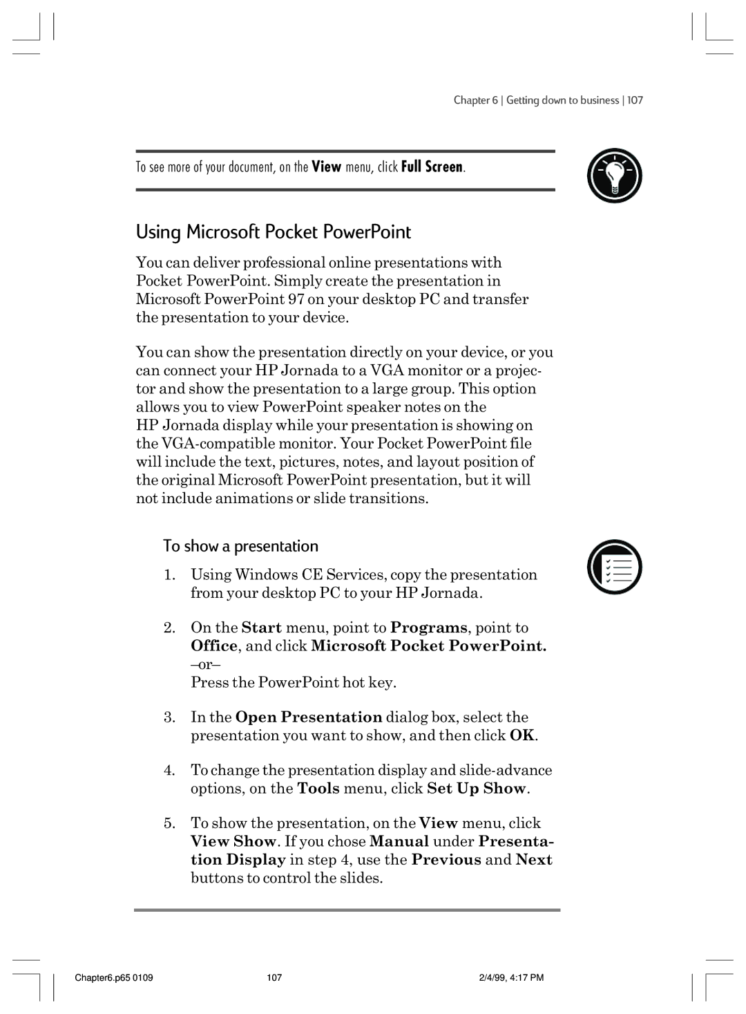 HP 820 manual Using Microsoft Pocket PowerPoint, To show a presentation 