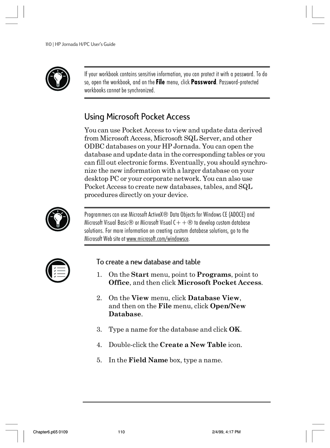 HP 820 manual Using Microsoft Pocket Access, To create a new database and table 