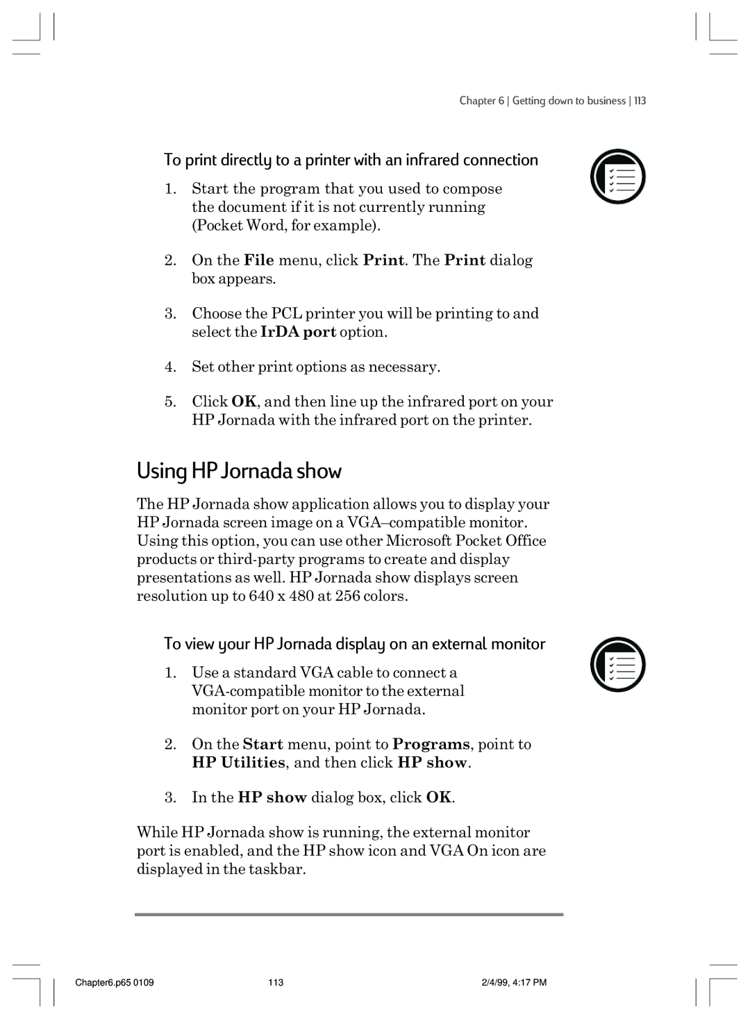 HP 820 manual Using HP Jornada show, To print directly to a printer with an infrared connection 