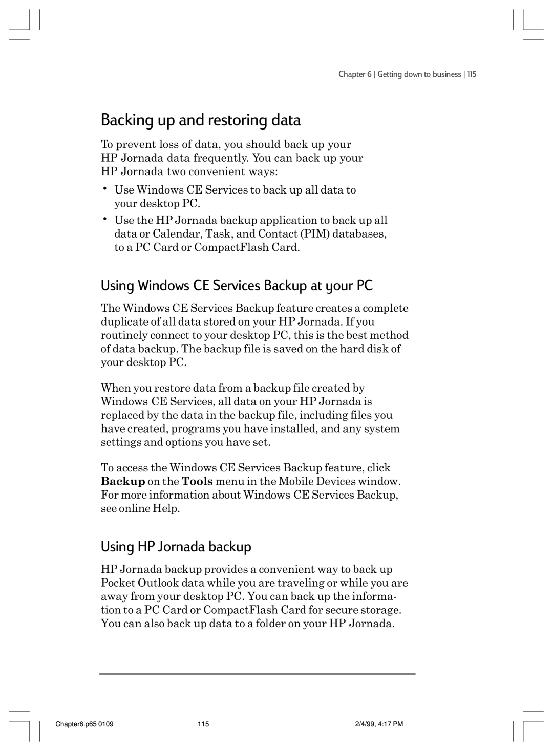 HP 820 manual Backing up and restoring data, Using Windows CE Services Backup at your PC, Using HP Jornada backup 
