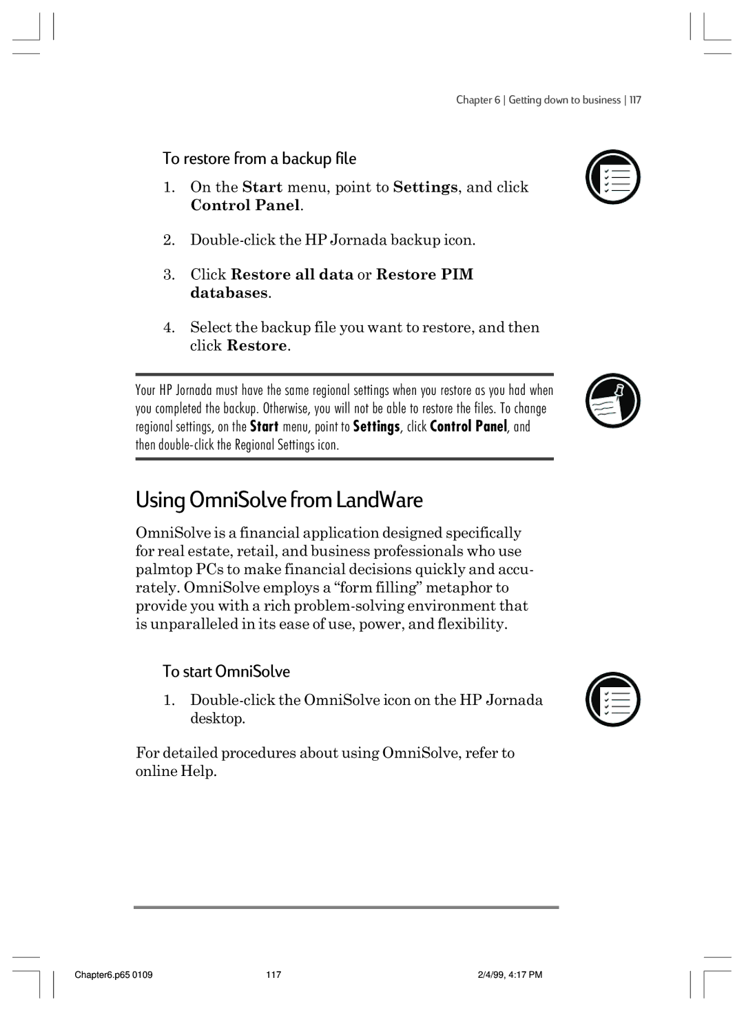 HP 820 manual Using OmniSolve from LandWare, To restore from a backup file, To start OmniSolve 