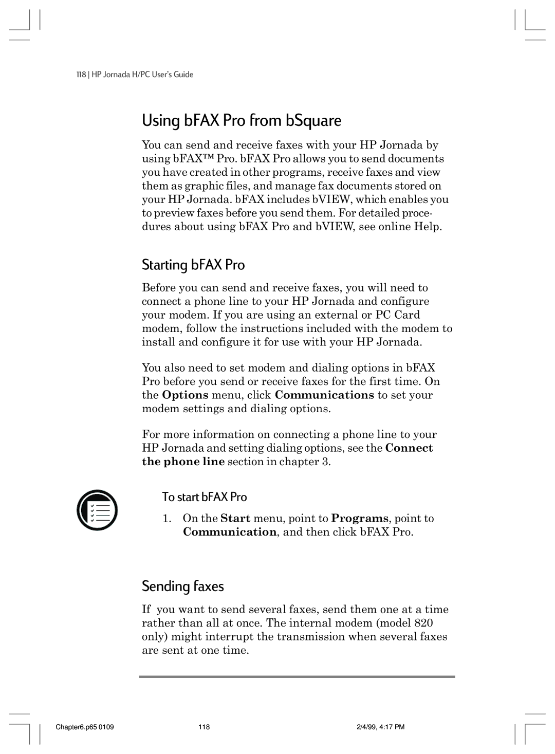 HP 820 manual Using bFAX Pro from bSquare, Starting bFAX Pro, Sending faxes, To start bFAX Pro 