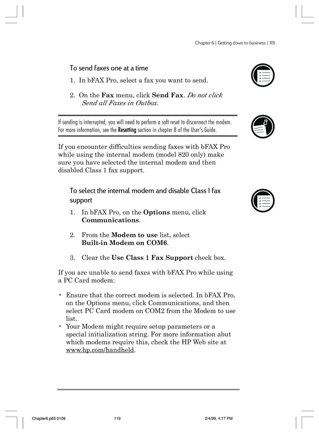 HP 820 manual To send faxes one at a time, To select the internal modem and disable Class 1 fax support 