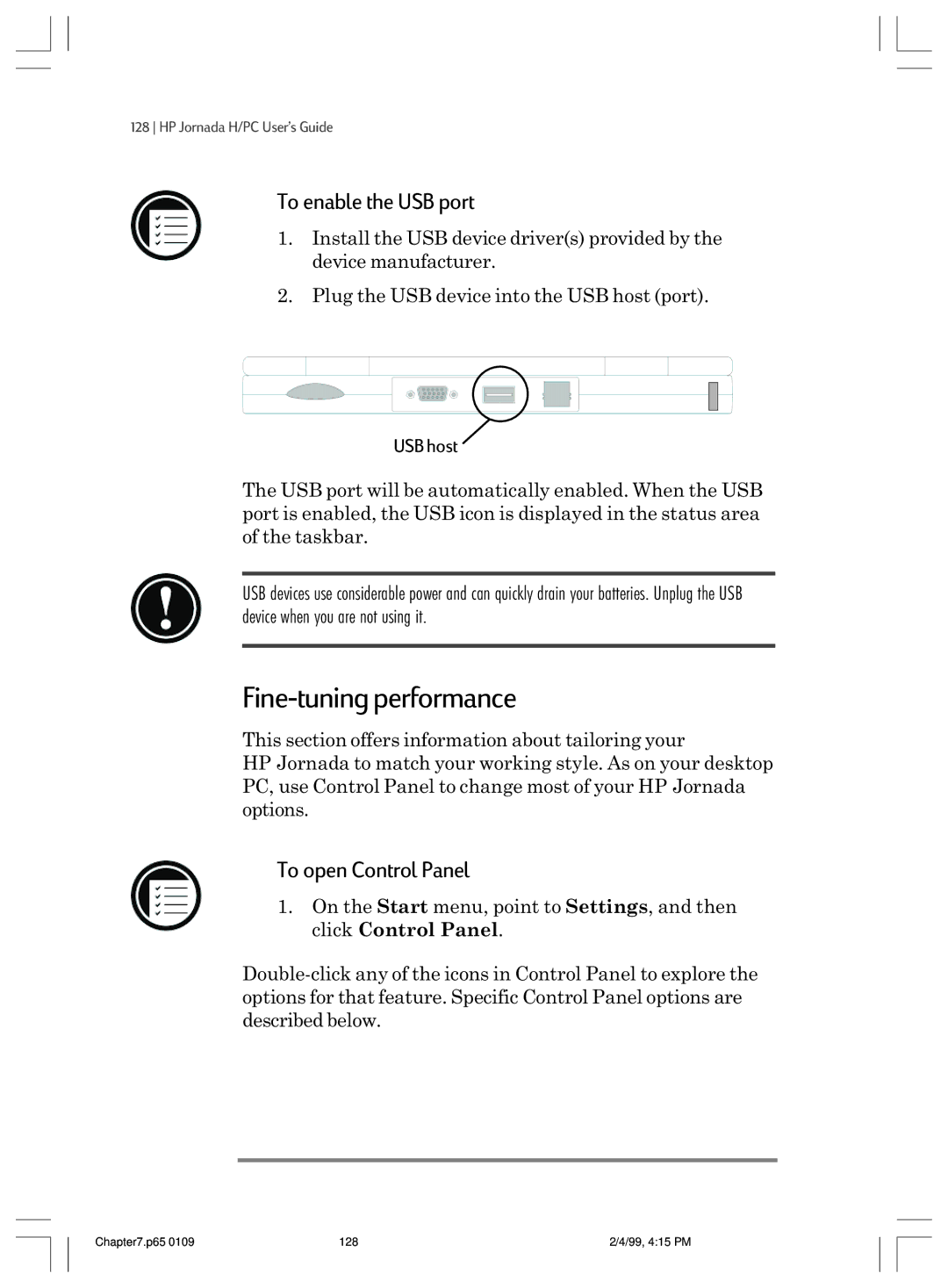 HP 820 manual Fine-tuning performance, To enable the USB port, To open Control Panel 