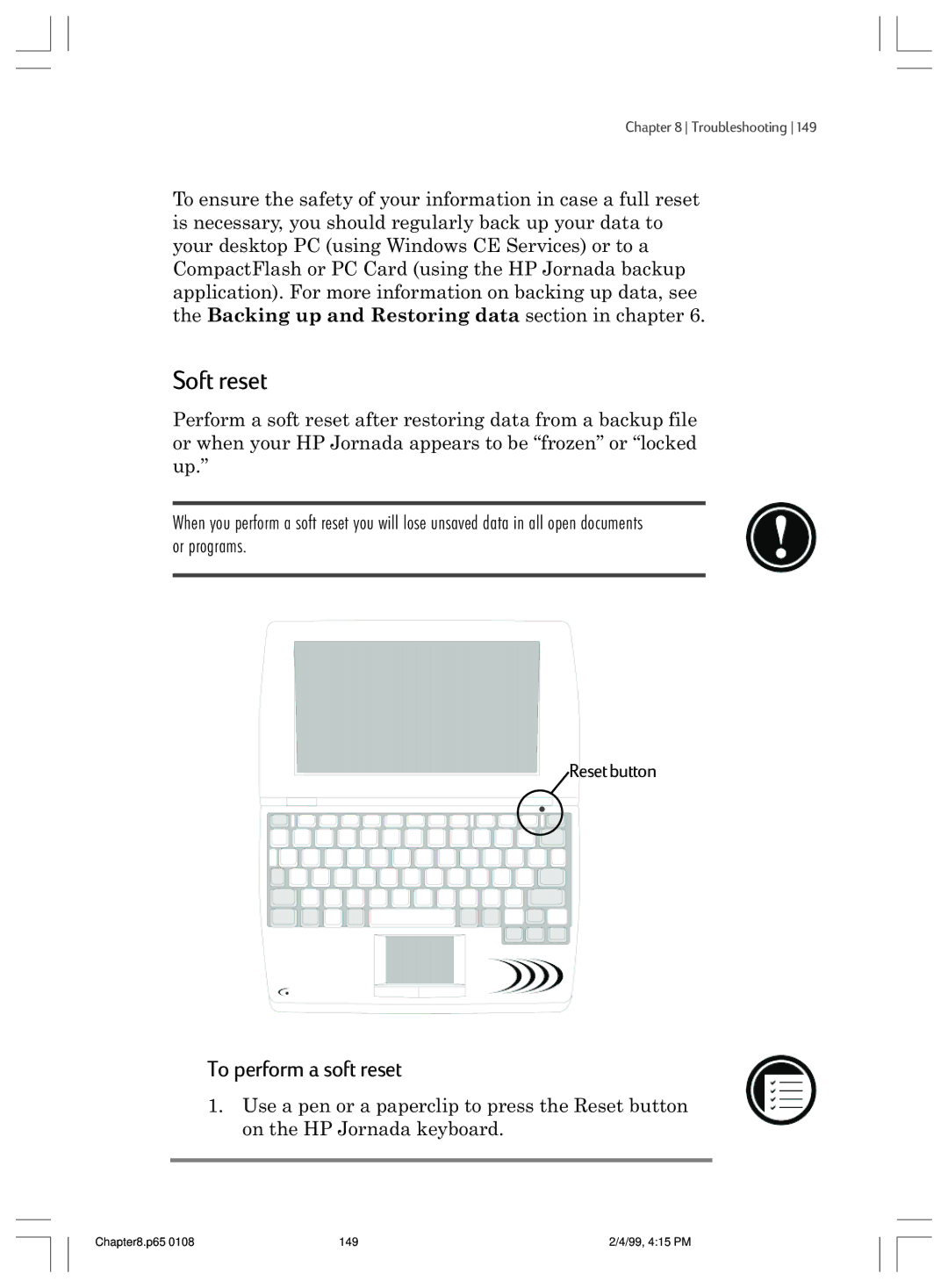 HP 820 manual Soft reset, To perform a soft reset 