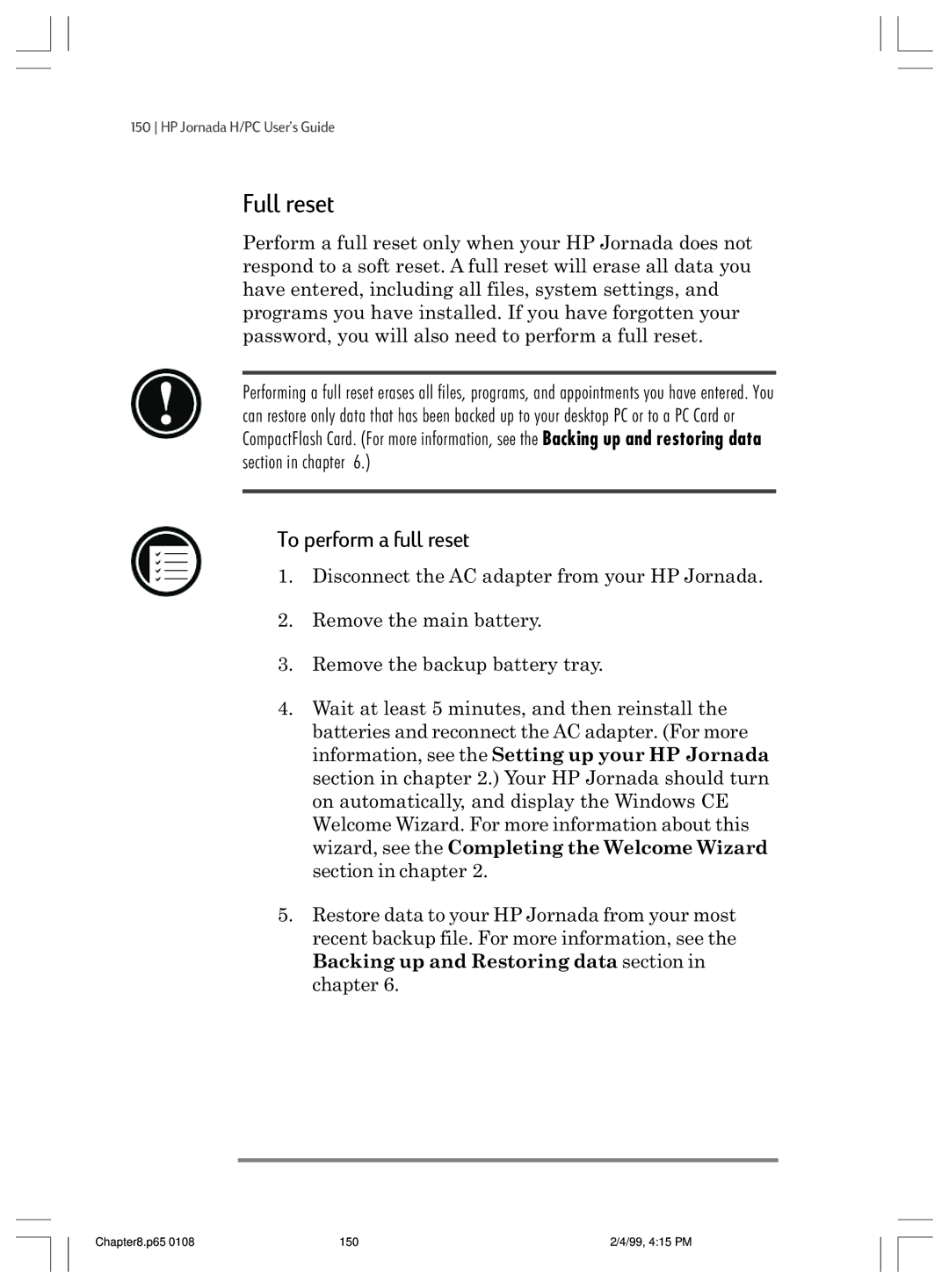 HP 820 manual Full reset, To perform a full reset 