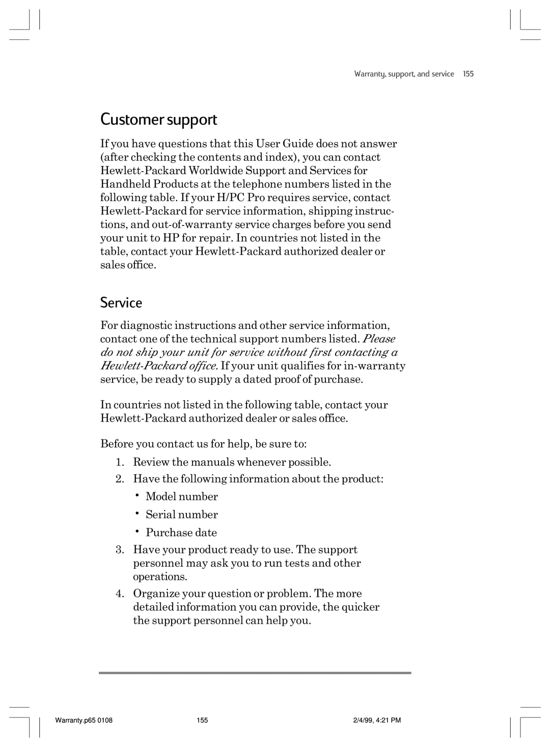 HP 820 manual Customer support, Service 