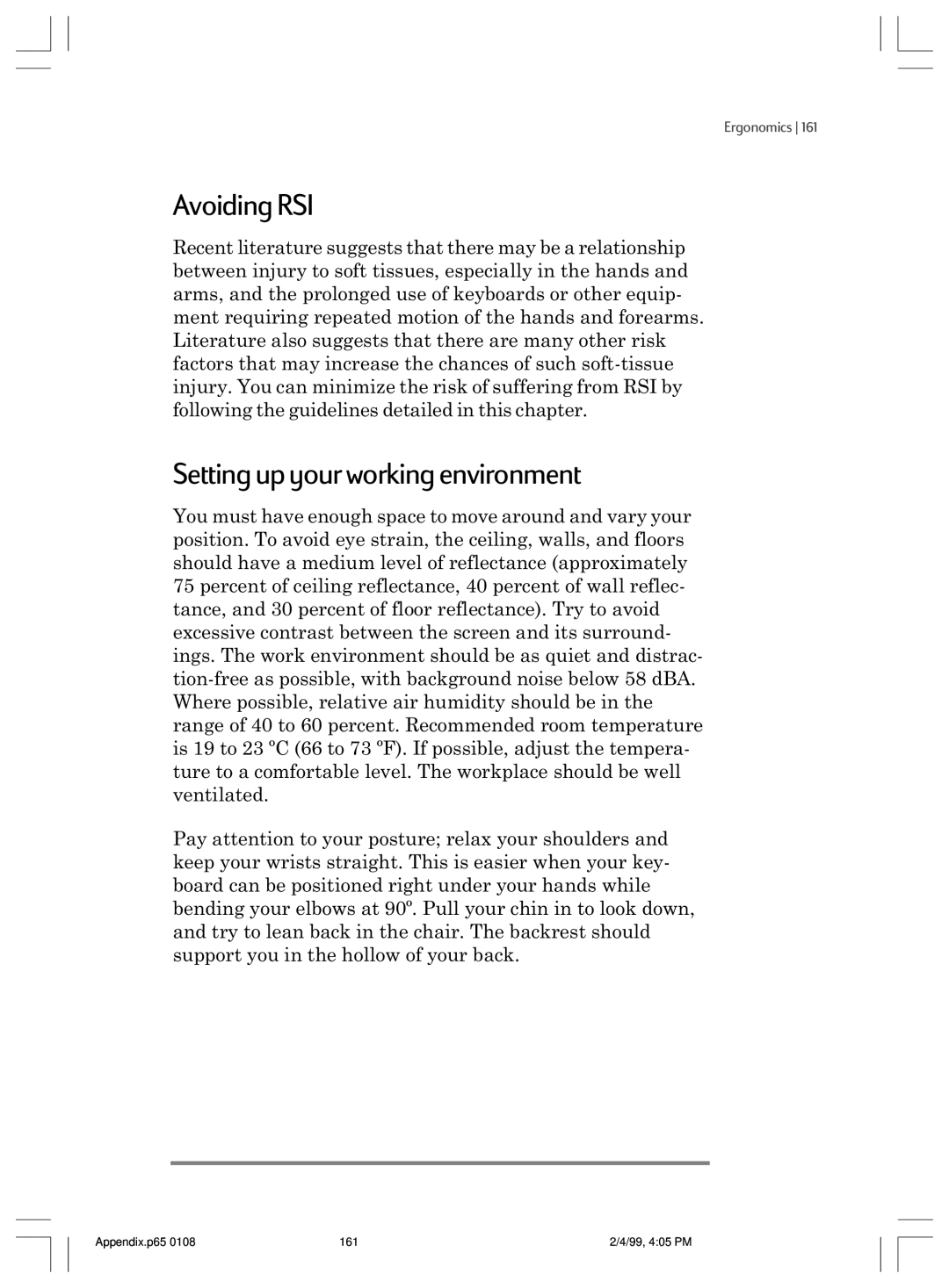 HP 820 manual Avoiding RSI, Setting up your working environment 