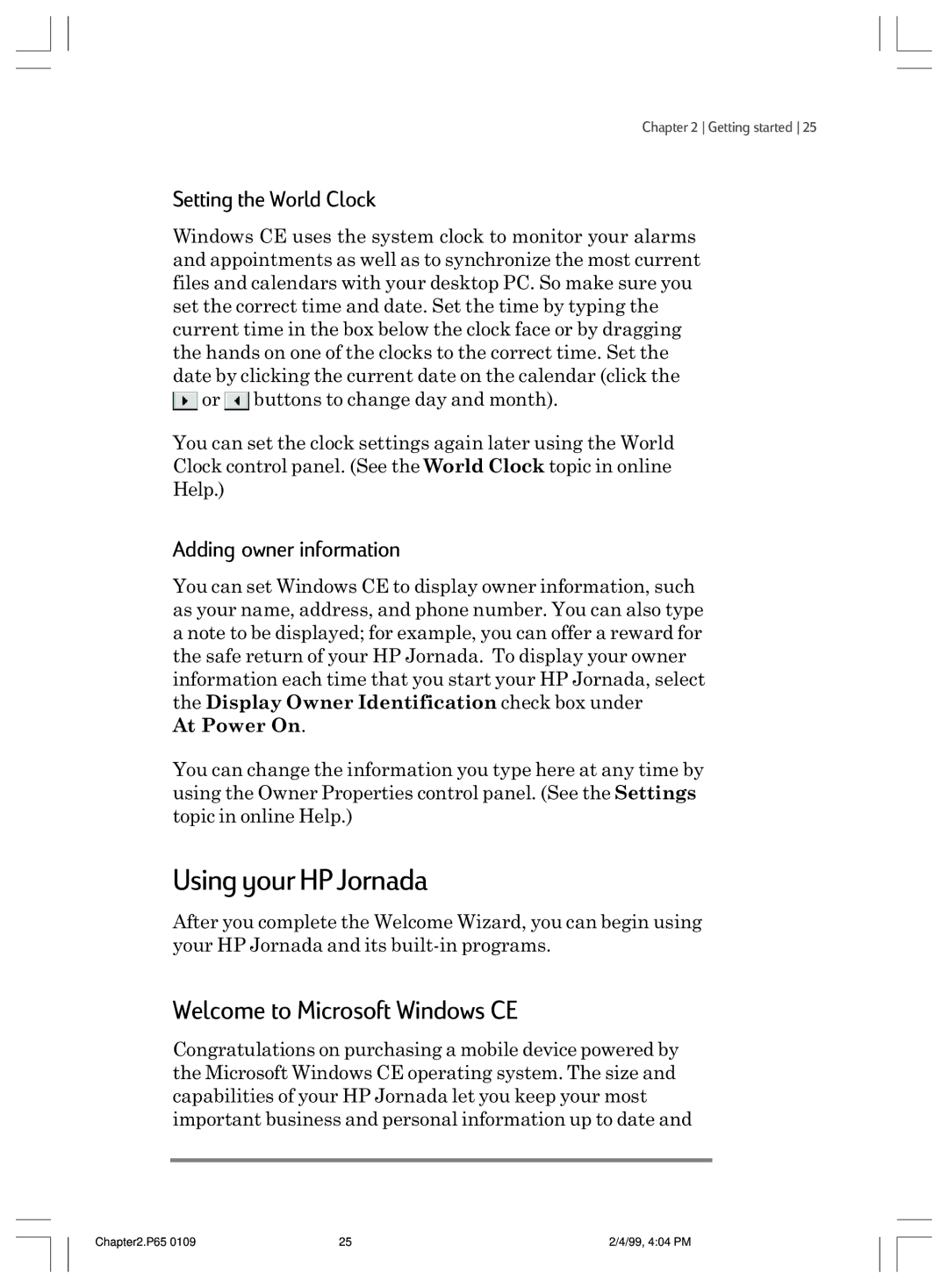 HP 820 manual Using your HP Jornada, Welcome to Microsoft WindowsÊCE, Setting the World Clock, Adding owner information 