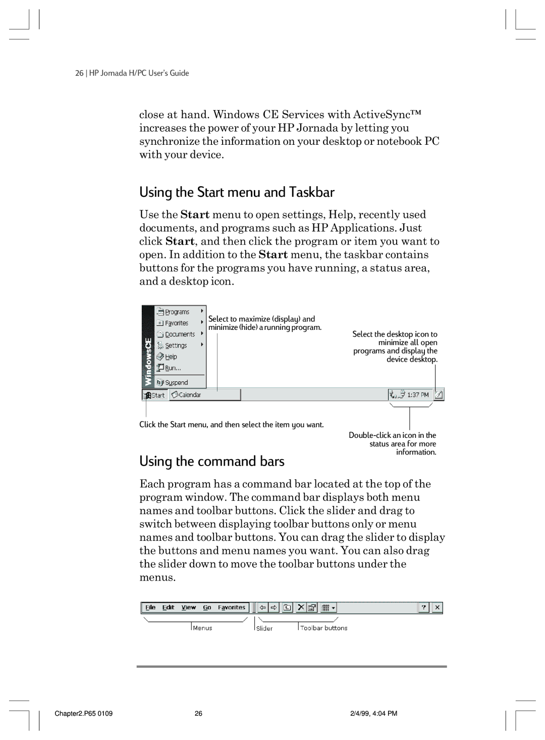 HP 820 manual Using the Start menu and Taskbar, Using the command bars 