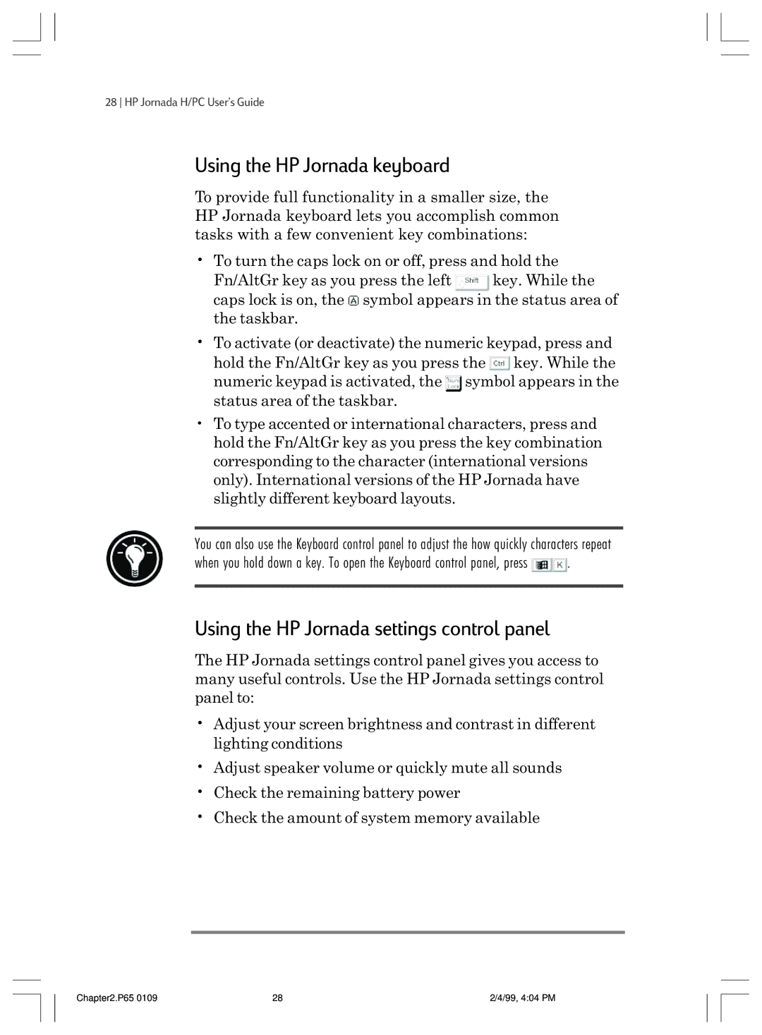 HP 820 manual Using the HP Jornada keyboard, Using the HP Jornada settings control panel 