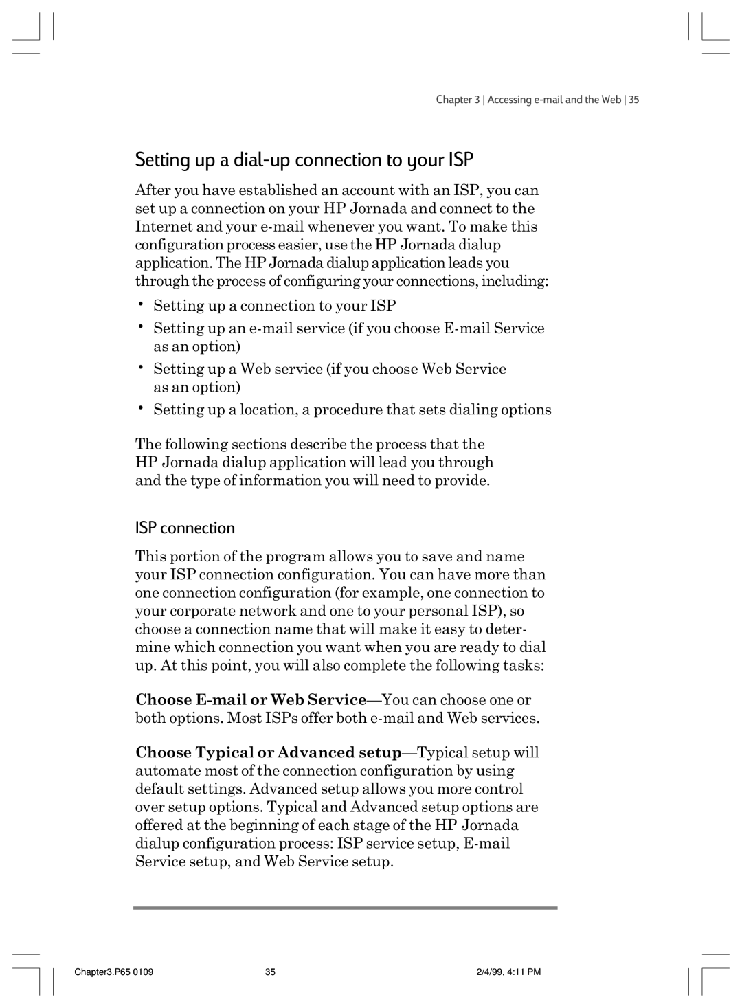 HP 820 manual Setting up a dial-up connection to your ISP, ISP connection 