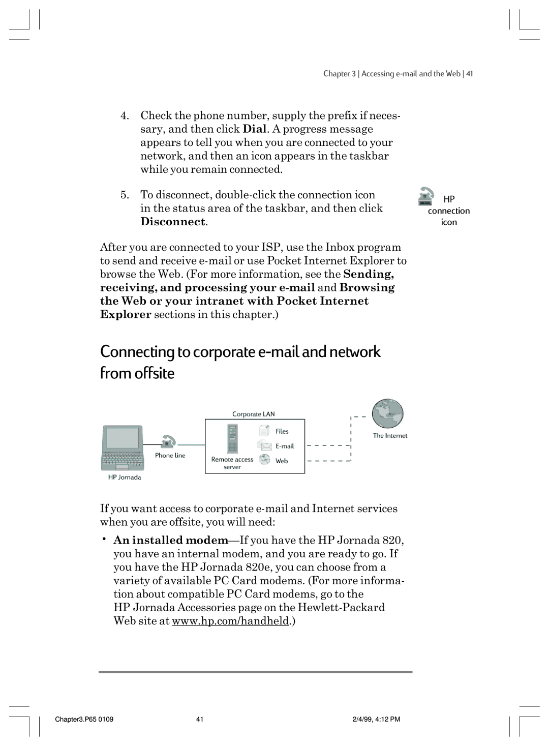 HP 820 manual Connecting to corporate e-mail and network from offsite, Disconnect 