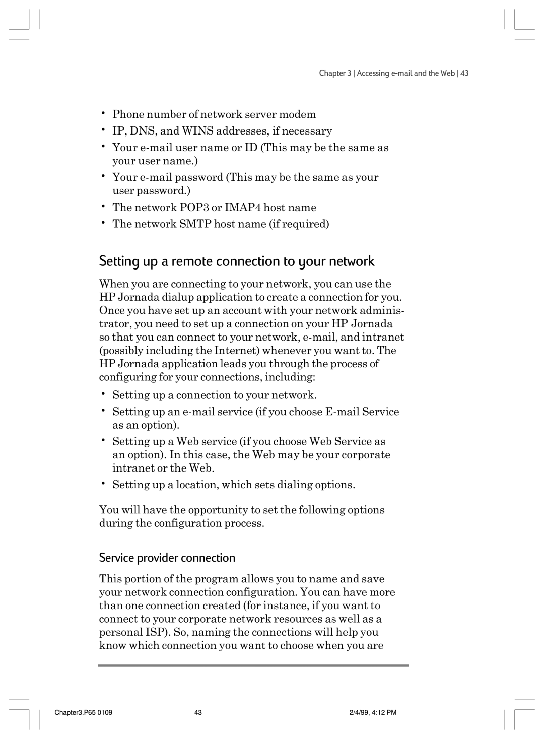 HP 820 manual Setting up a remote connection to your network, Service provider connection 