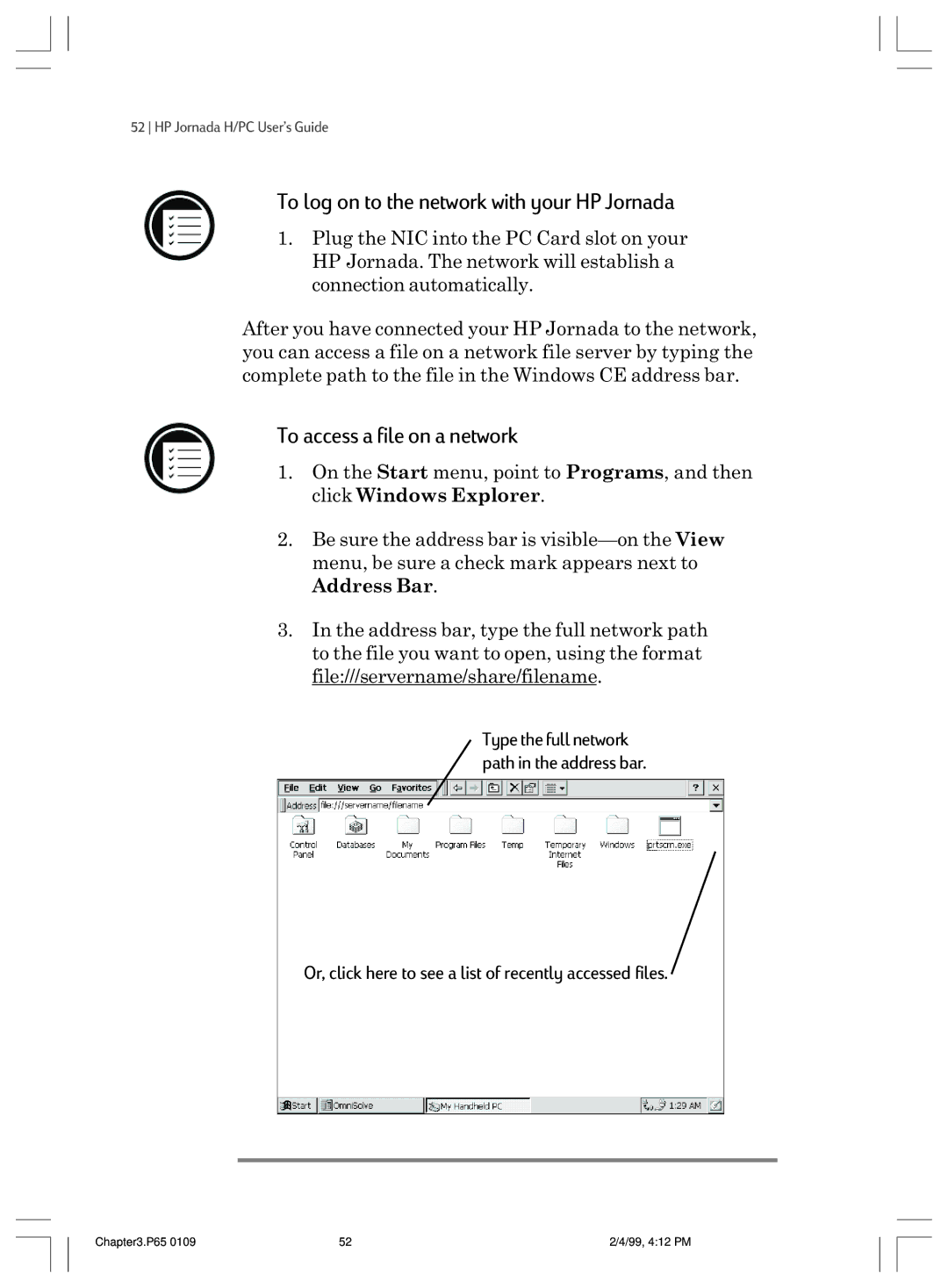 HP 820 manual To log on to the network with your HP Jornada, To access a file on a network 