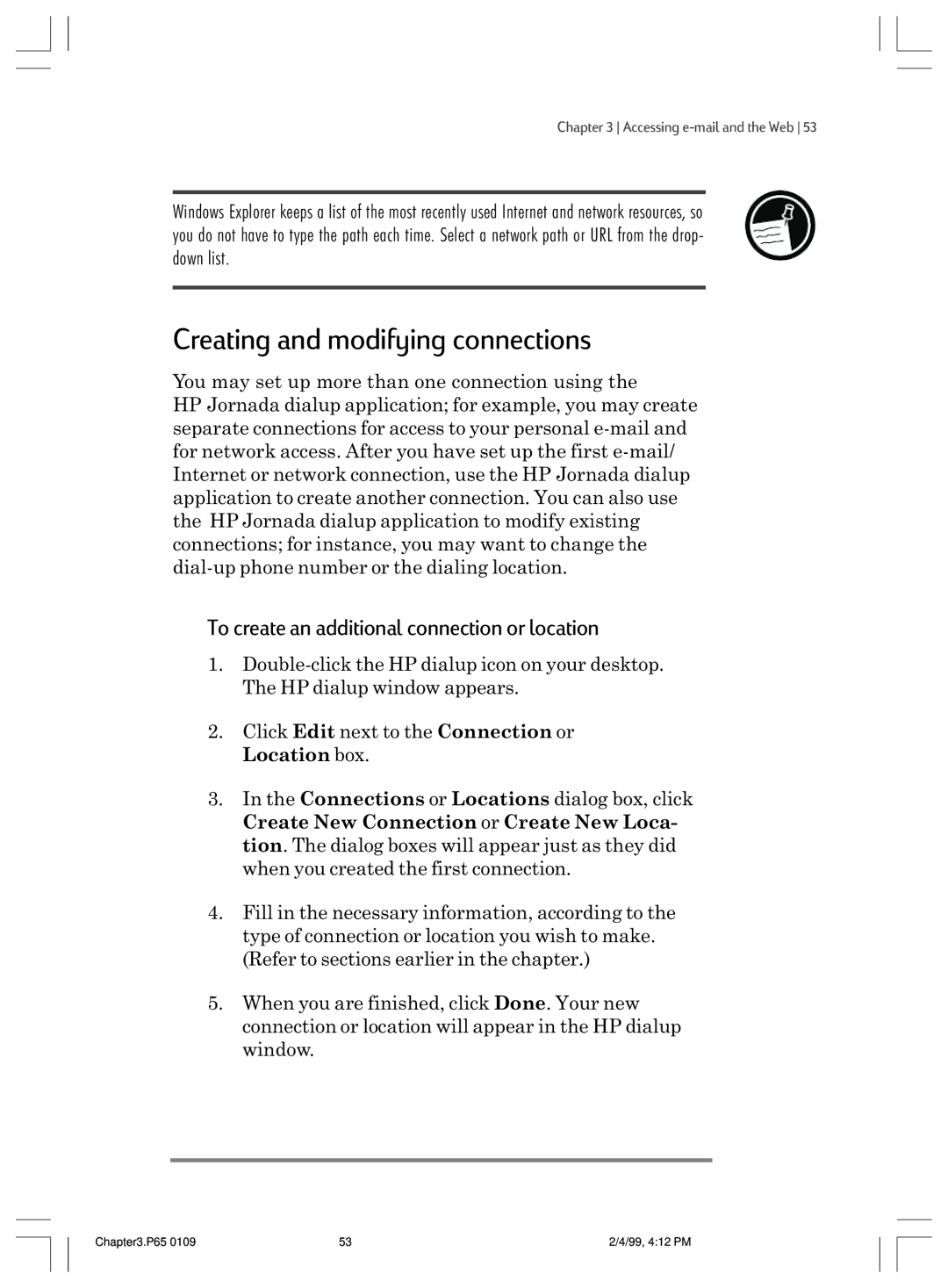 HP 820 manual Creating and modifying connections, To create an additional connection or location 