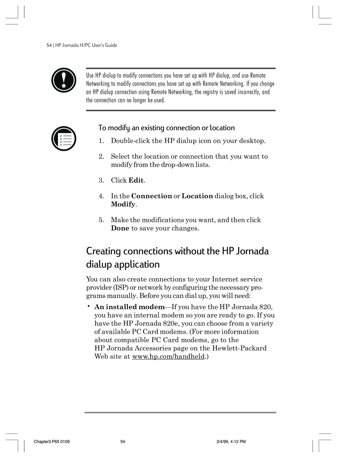 HP 820 manual To modify an existing connection or location 