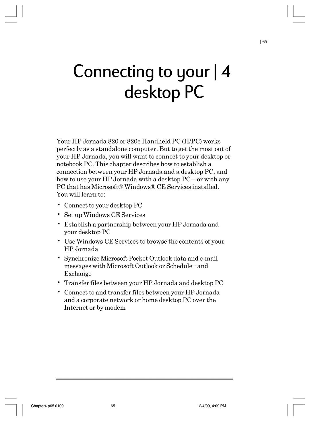 HP 820 manual Connecting to your 4 desktop PC 