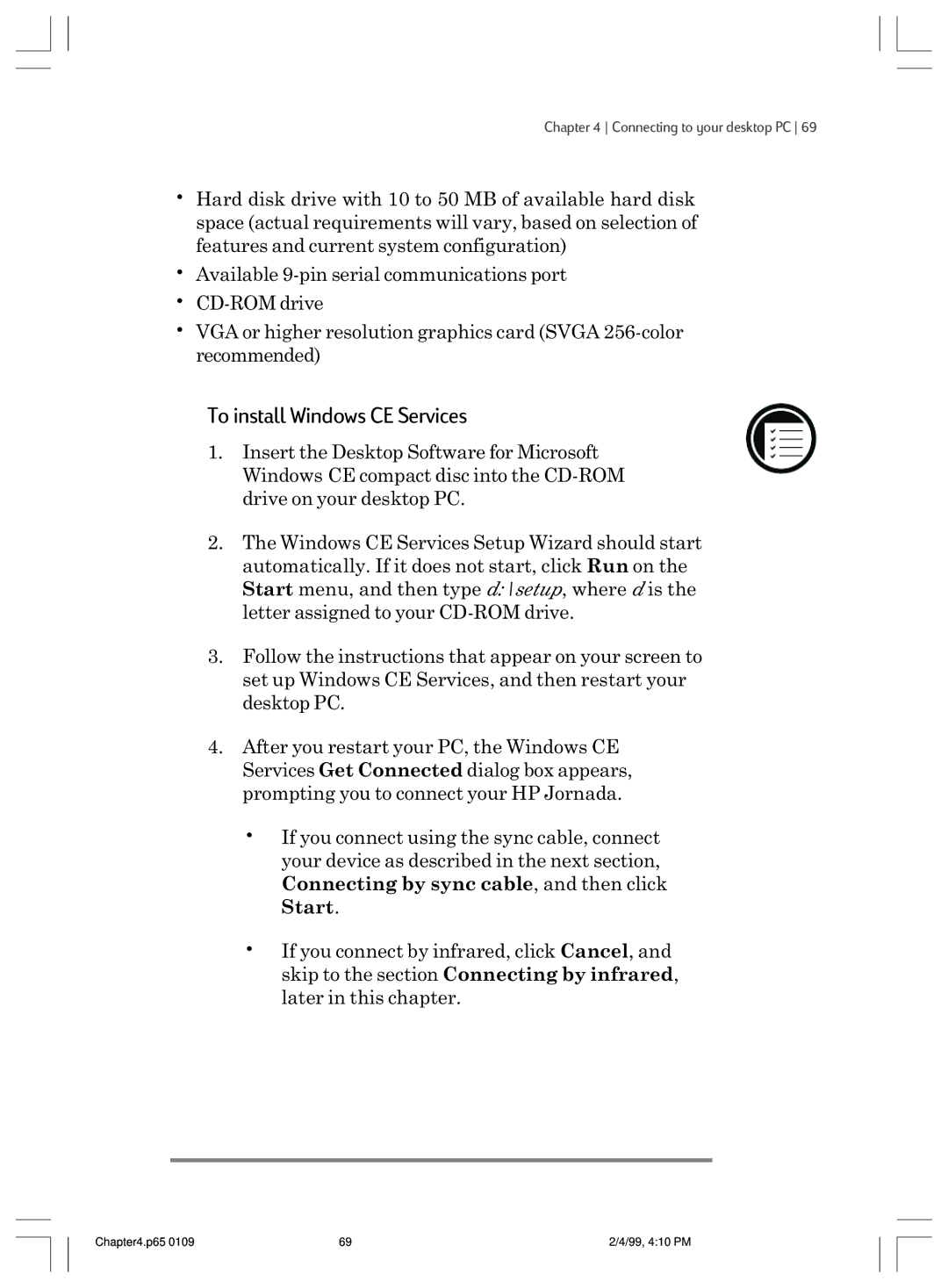 HP 820 manual To install Windows CE Services 