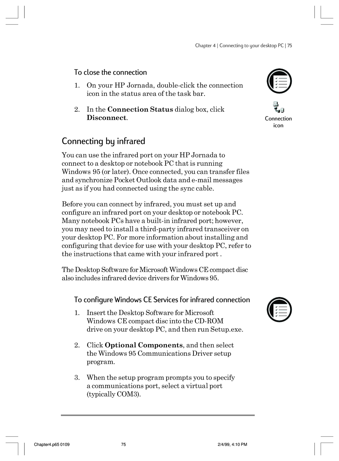 HP 820 manual Connecting by infrared, To close the connection, To configure Windows CE Services for infrared connection 