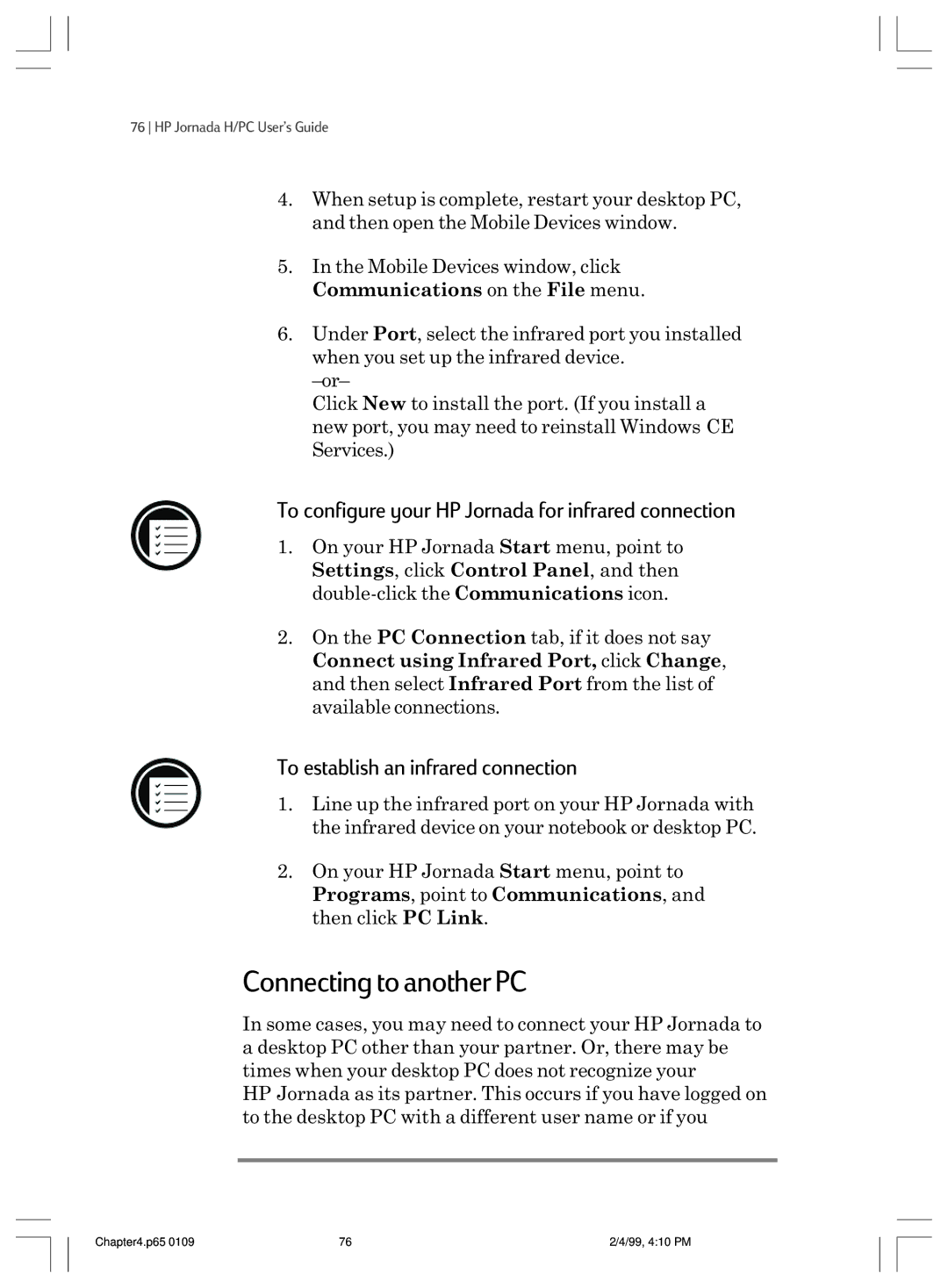 HP 820 Connecting to another PC, To configure your HP Jornada for infrared connection, To establish an infrared connection 