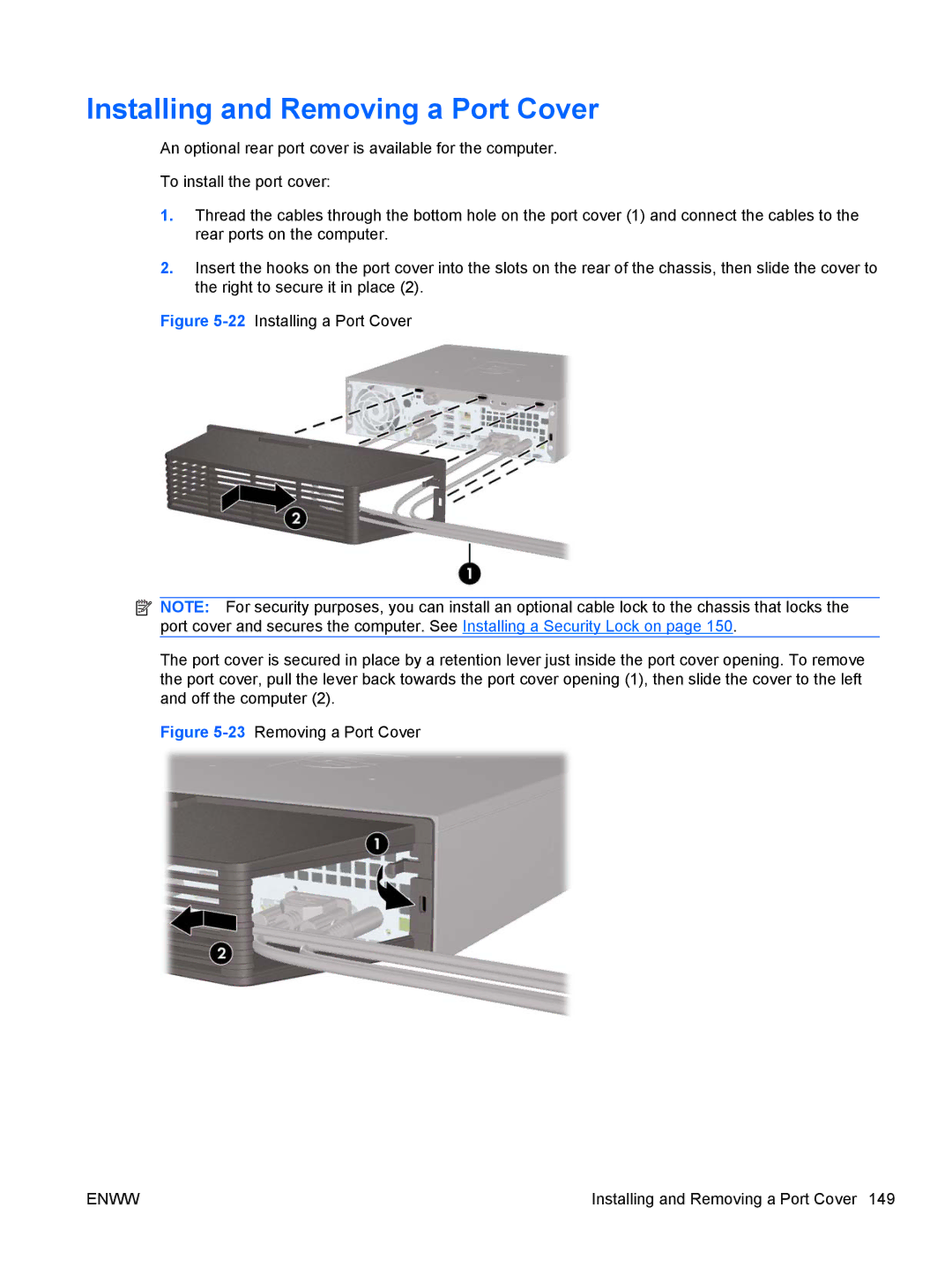 HP SP913UC, 8200 QX285USABA, XZ779UA, QN090AW, B2B13UT manual Installing and Removing a Port Cover, 23Removing a Port Cover 