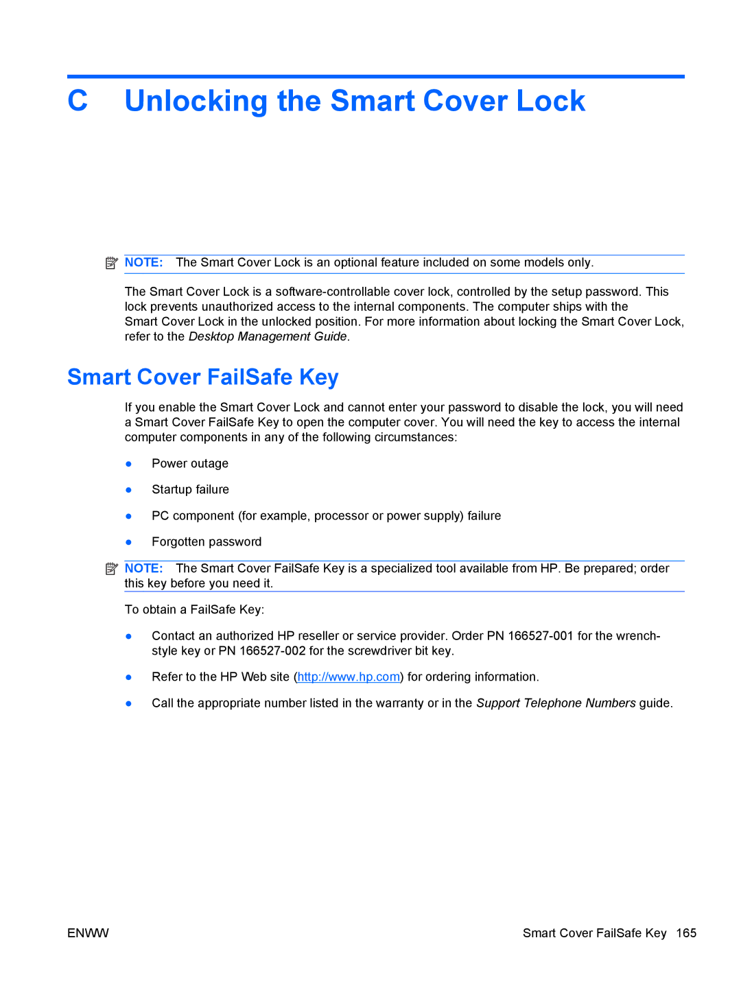 HP QN090AW, 8200 QX285USABA, XZ779UA, SP913UC, B2B13UT manual Unlocking the Smart Cover Lock, Smart Cover FailSafe Key 