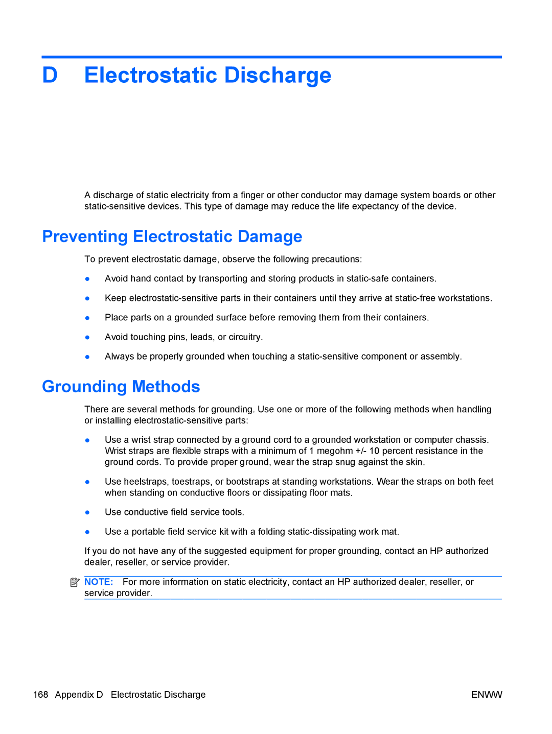 HP XZ779UA, 8200 QX285USABA, SP913UC, QN090AW, B2B13UT manual Preventing Electrostatic Damage, Grounding Methods 