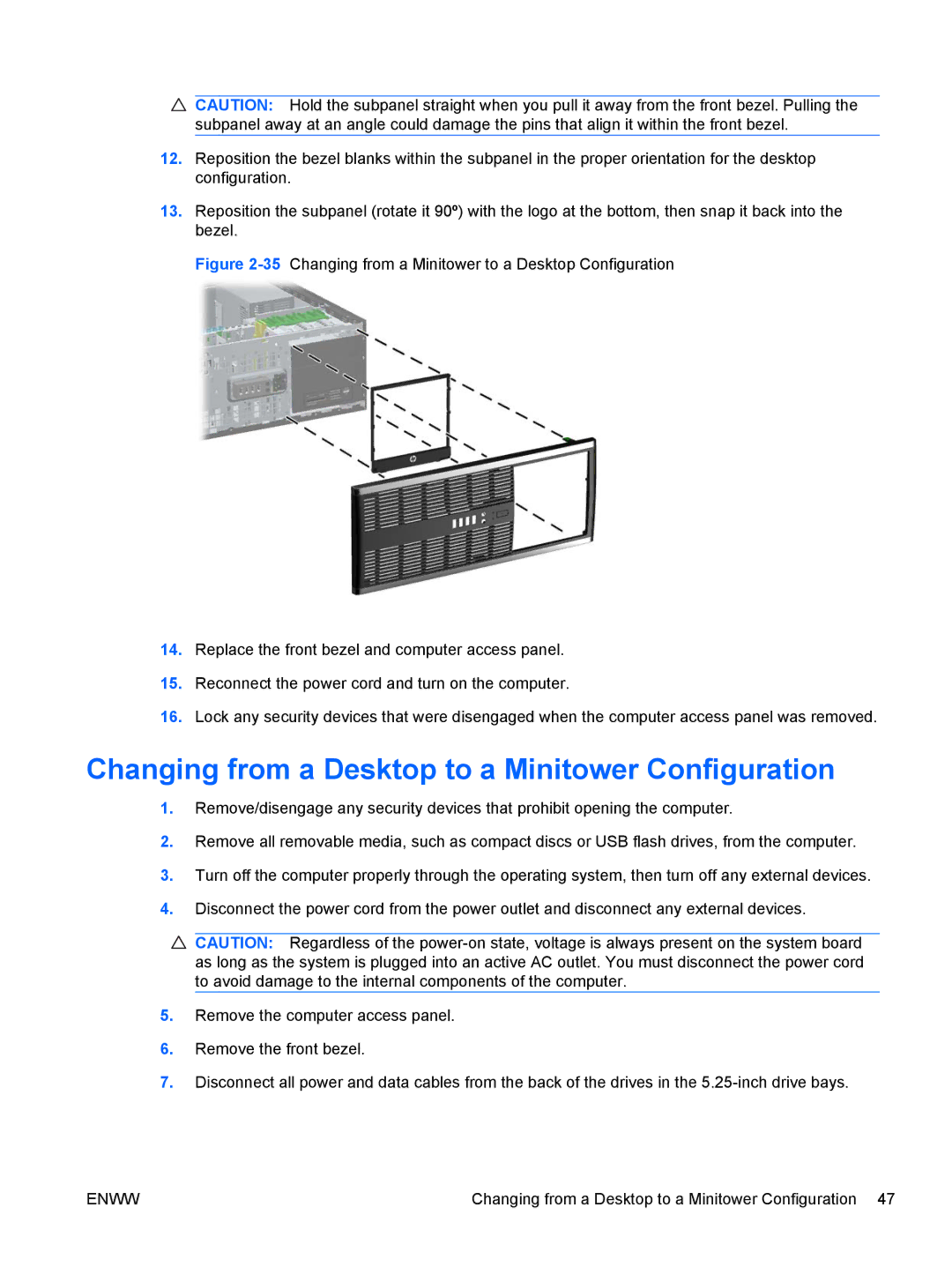 HP 8200 QX285USABA, XZ779UA, SP913UC, QN090AW, B2B13UT manual Changing from a Desktop to a Minitower Configuration 