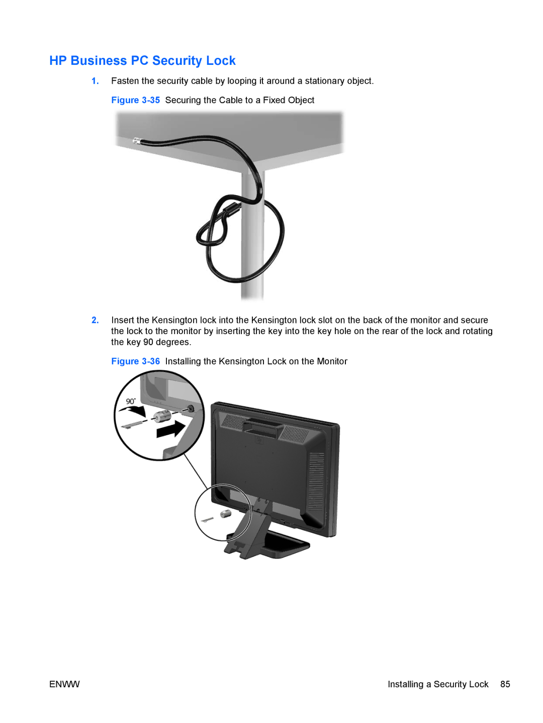 HP QN090AW, 8200 QX285USABA, XZ779UA, SP913UC, B2B13UT manual 36Installing the Kensington Lock on the Monitor 