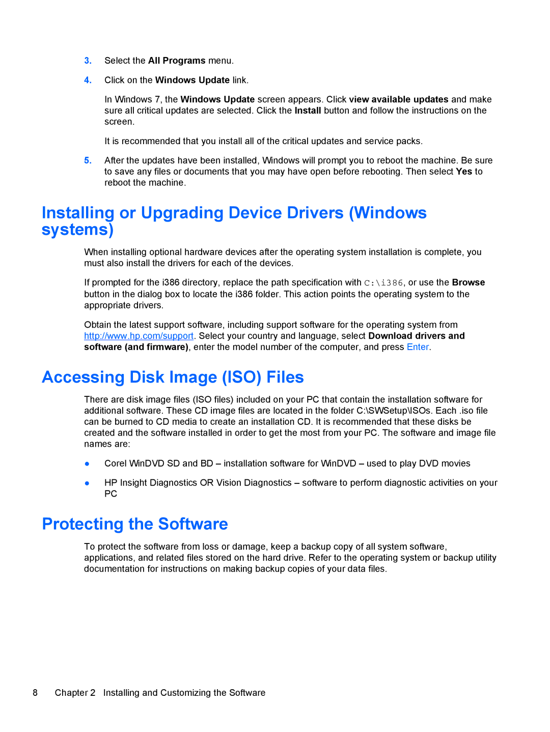 HP 8200 SM774UP manual Installing or Upgrading Device Drivers Windows systems, Accessing Disk Image ISO Files 