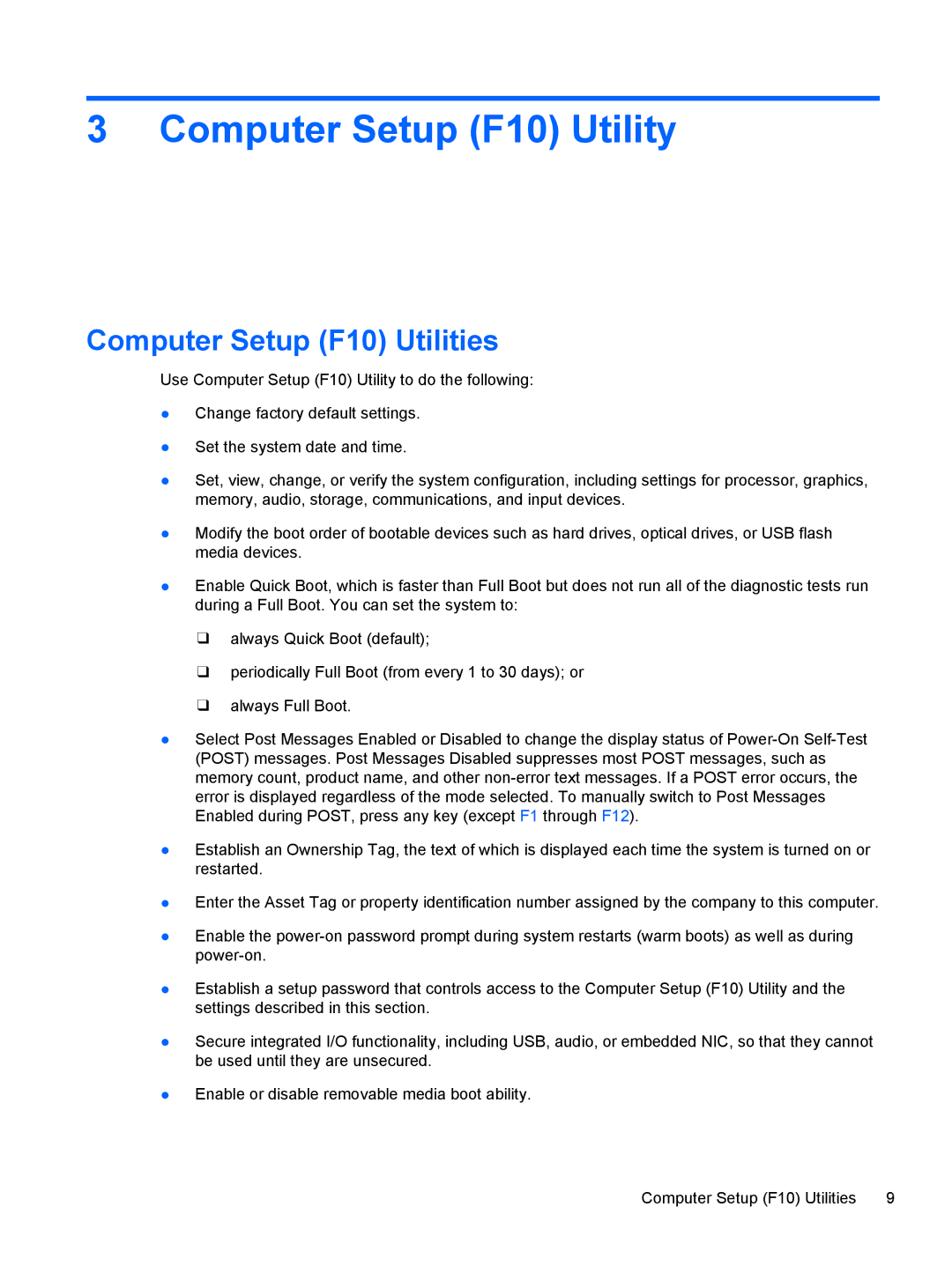 HP 8200 SM774UP manual Computer Setup F10 Utility, Computer Setup F10 Utilities 