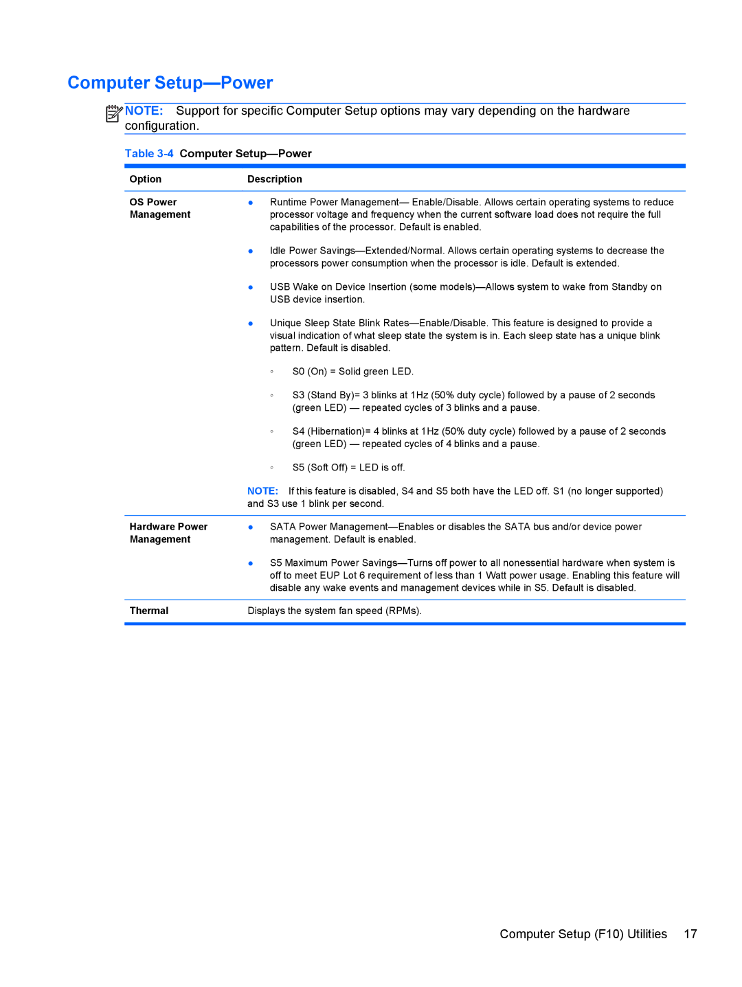 HP 8200 SM774UP manual 4Computer Setup-Power 