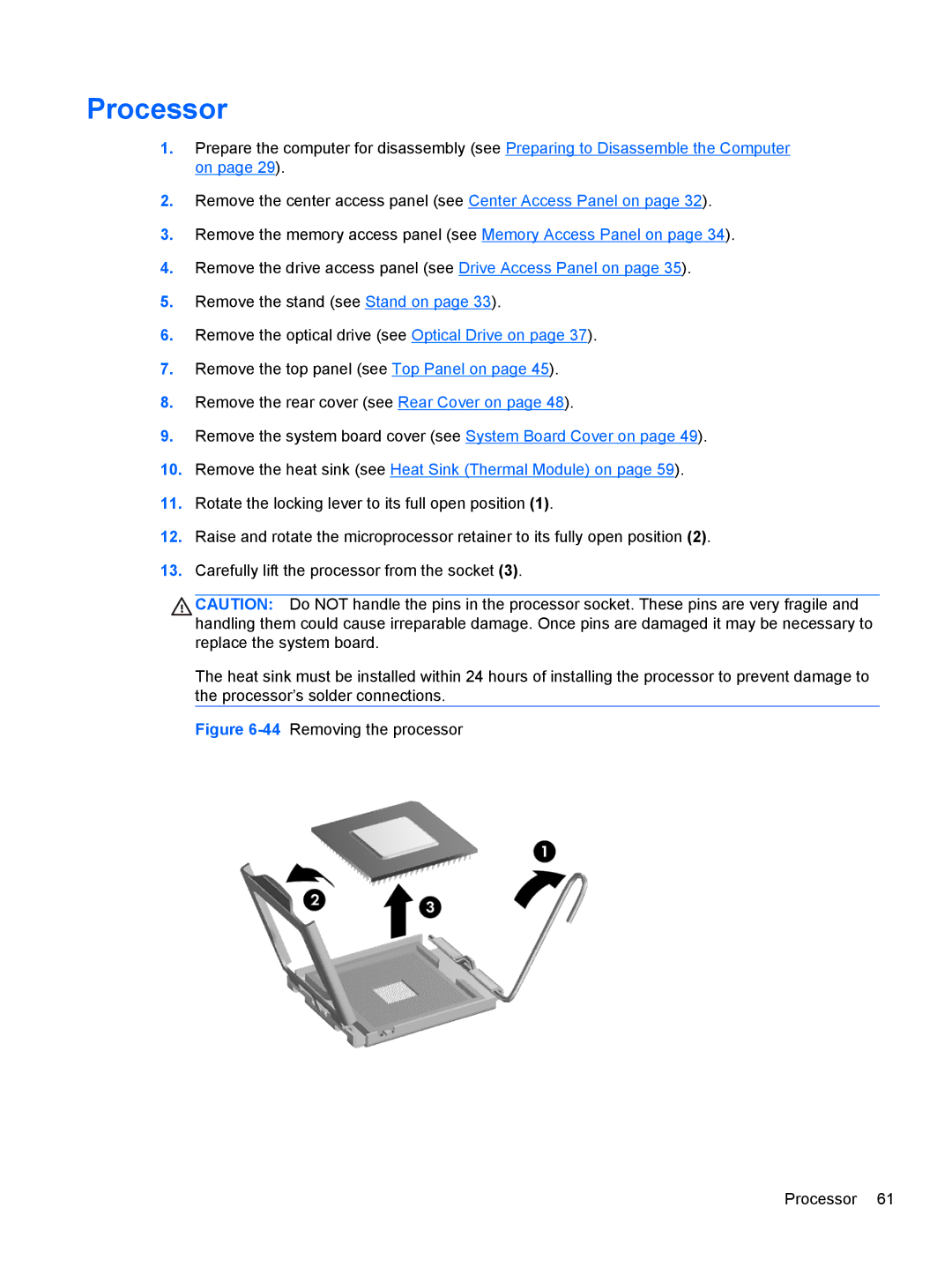 HP 8200 SM774UP manual 44Removing the processor Processor 