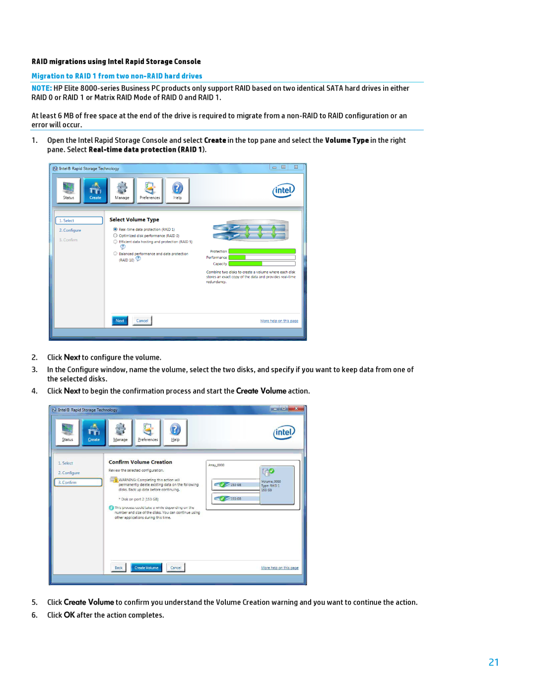 HP 8200 tower manual RAID migrations using Intel Rapid Storage Console, Migration to RAID 1 from two non-RAID hard drives 