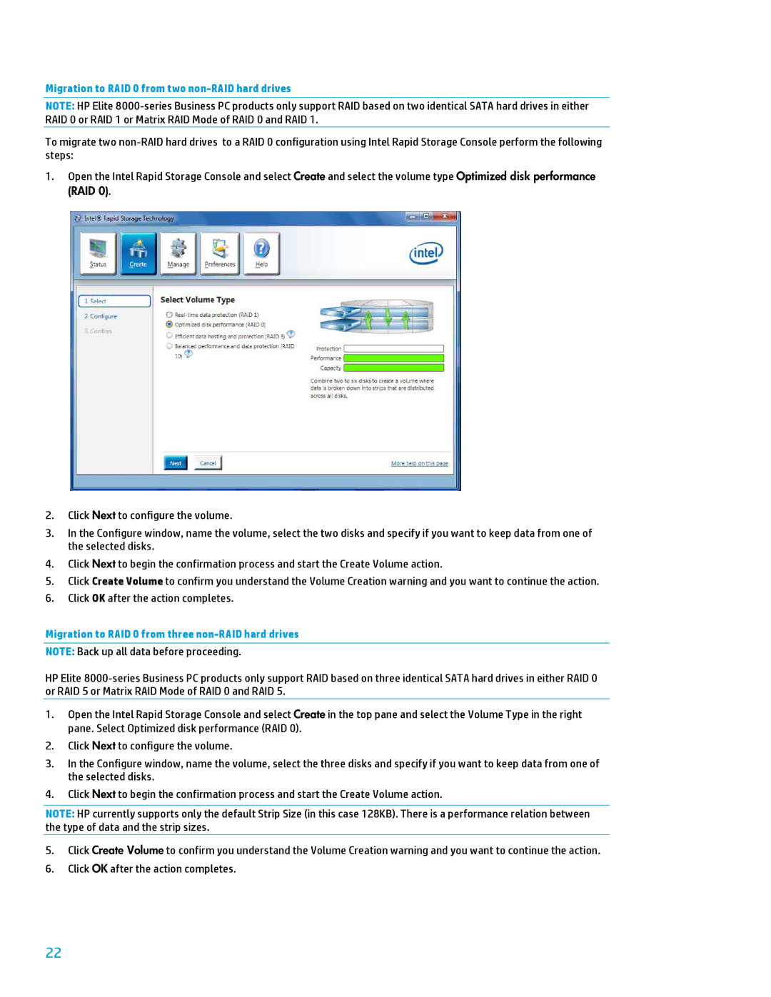 HP 8200 tower manual Migration to RAID 0 from two non-RAID hard drives, Migration to RAID 0 from three non-RAID hard drives 